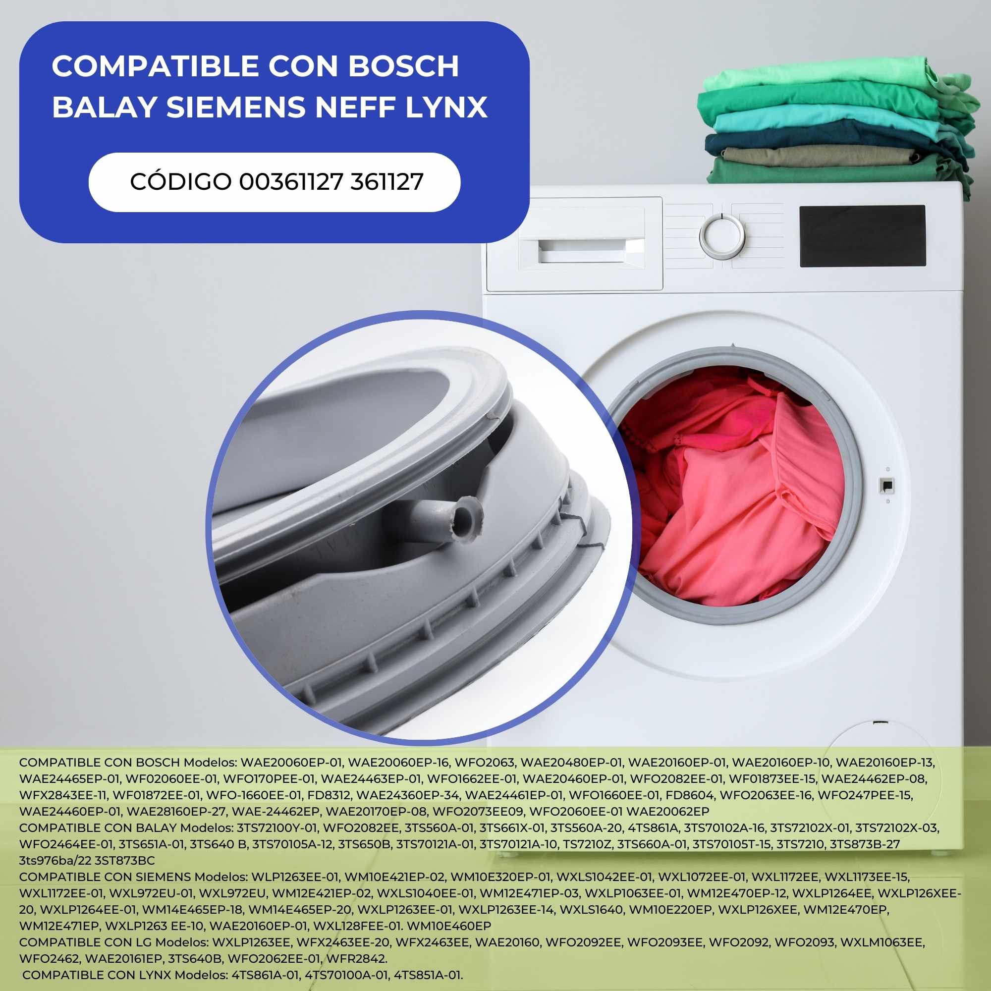Goma puerta lavadora compatible con Balay Bosch 361127 - imagen 2