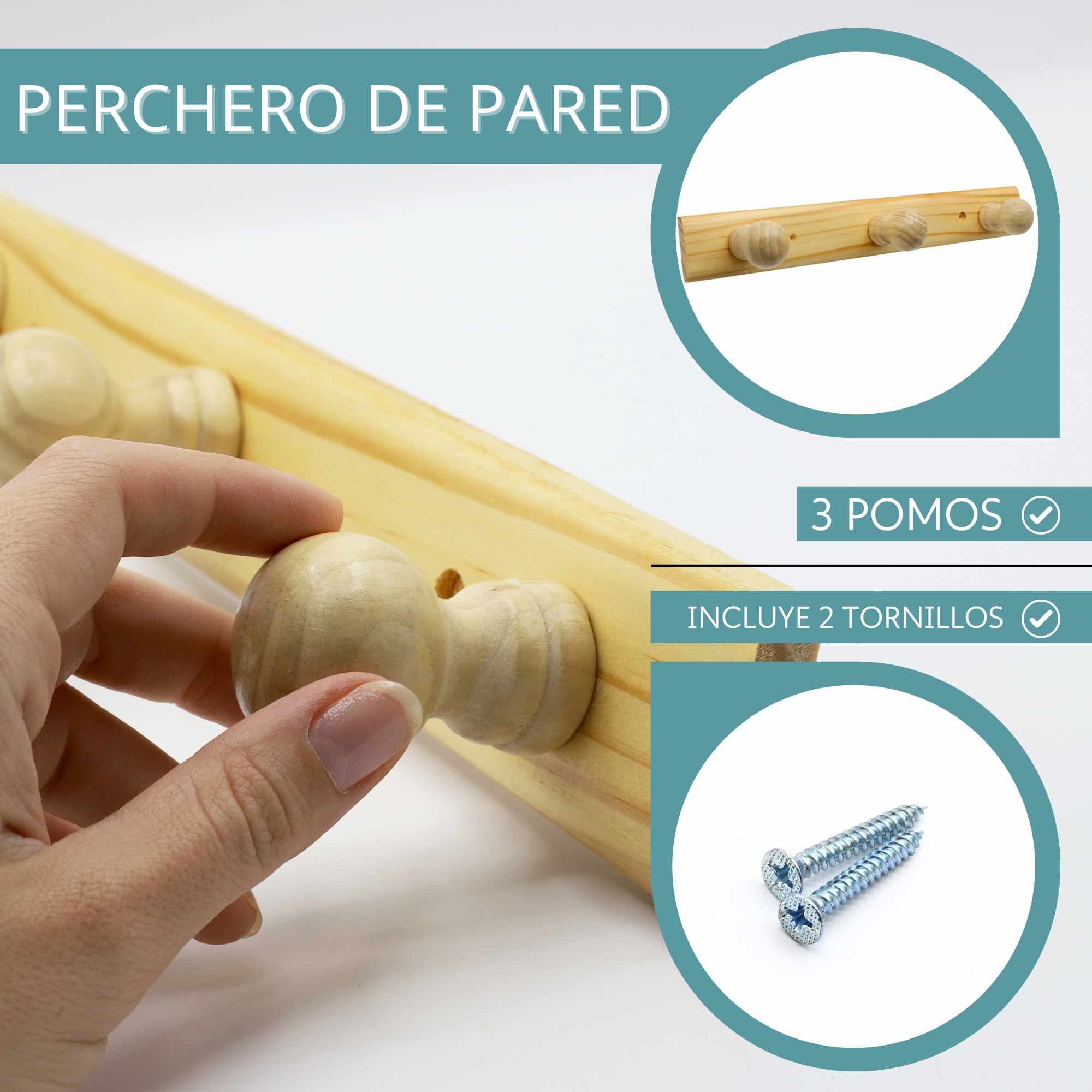 Perchero 3 pomos de madera pared para atornillar - imagen 3