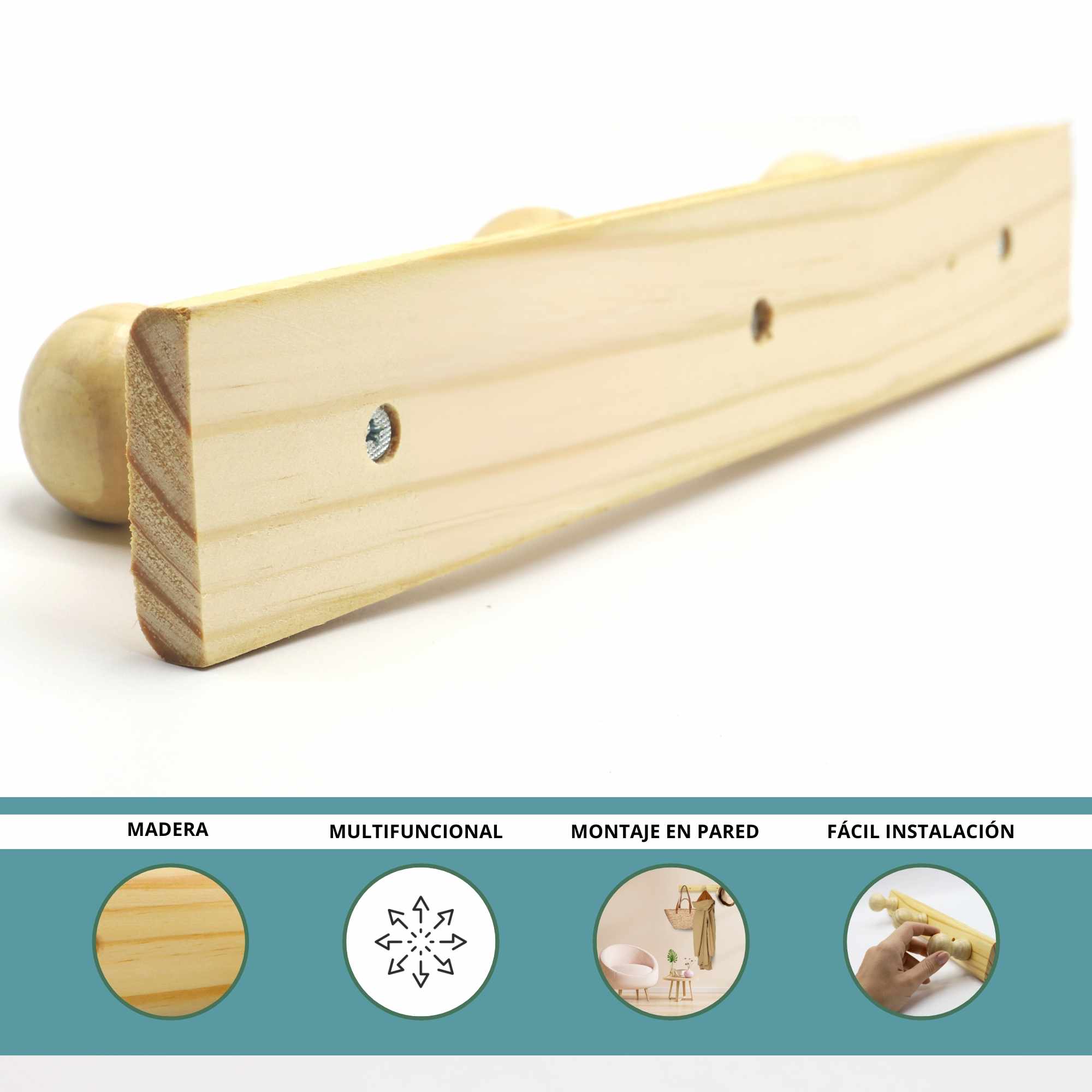 Perchero 3 pomos de madera pared para atornillar - imagen 5