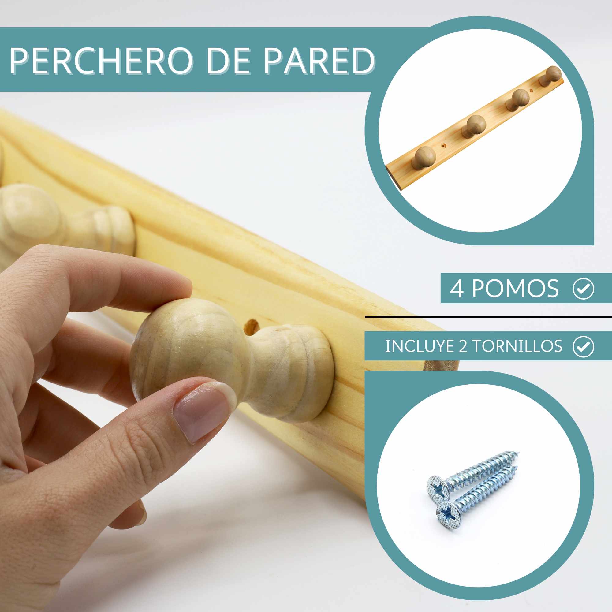 Perchero 4 pomos de madera pared para atornillar - imagen 3