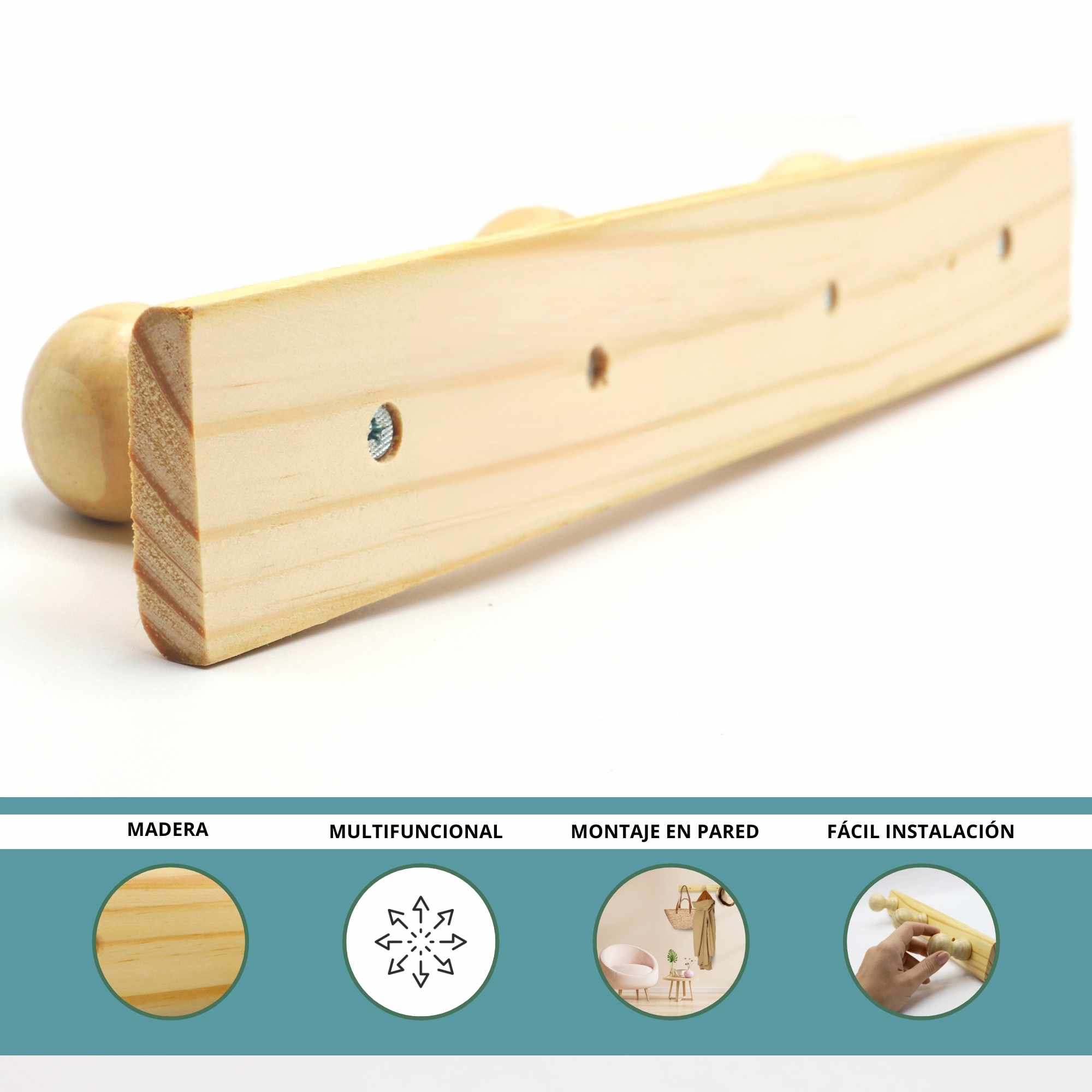 Perchero 4 pomos de madera pared para atornillar - imagen 5