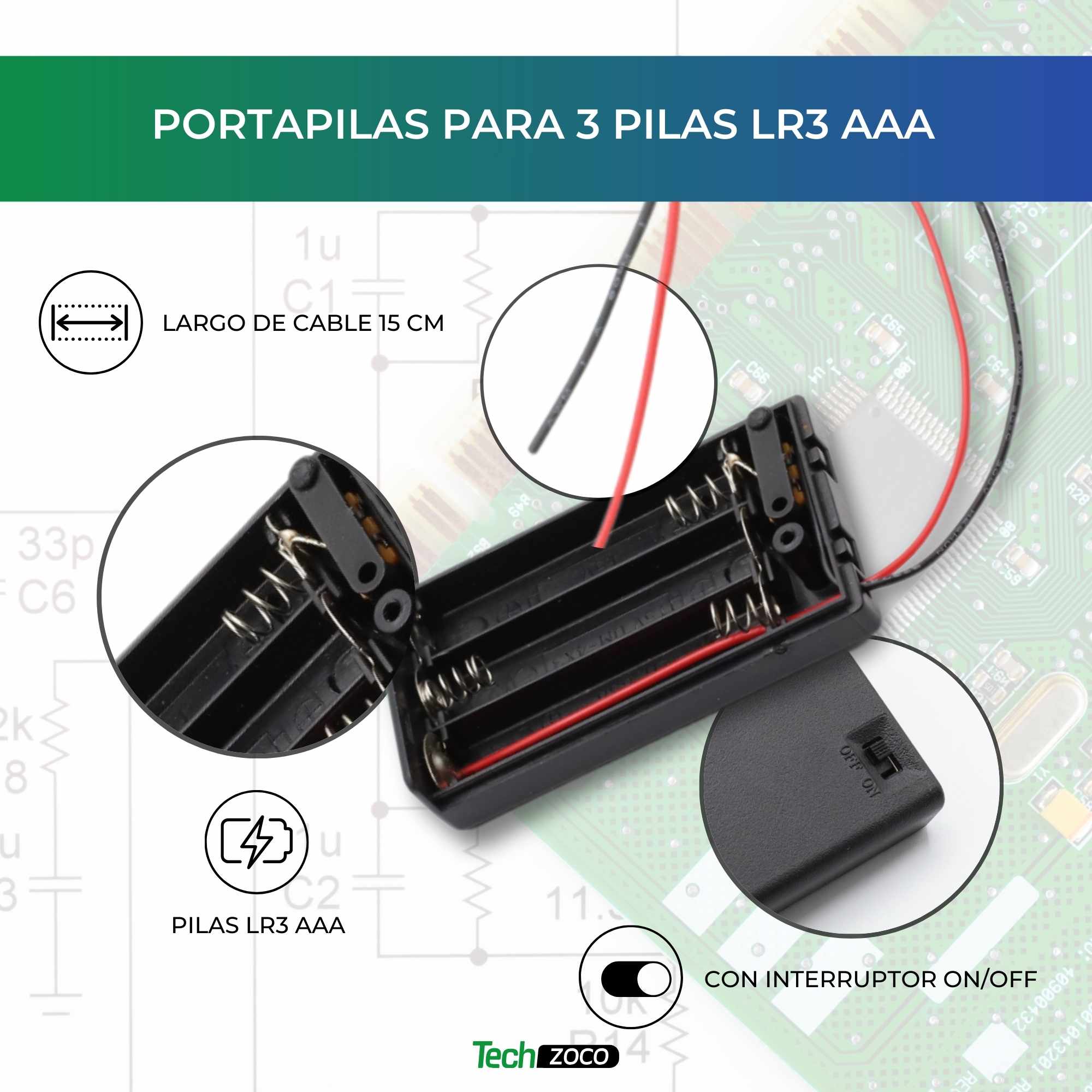 Portapilas para 2 pilas LR3 AAA con interruptor Negro - imagen 2