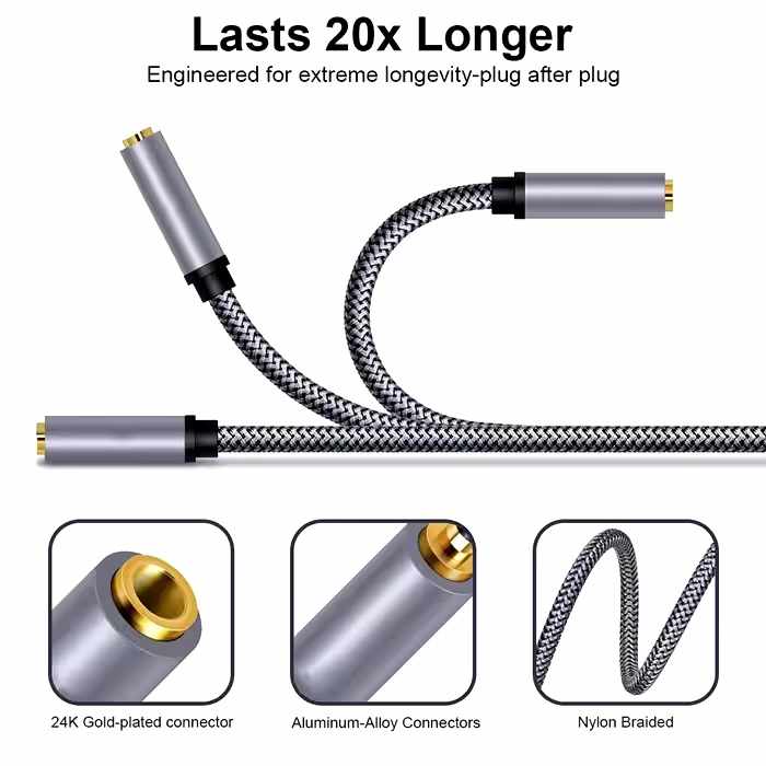 Cable alargador audio textil 4 pin jack 3.5 mm 3 Metros Plateado - imagen 5