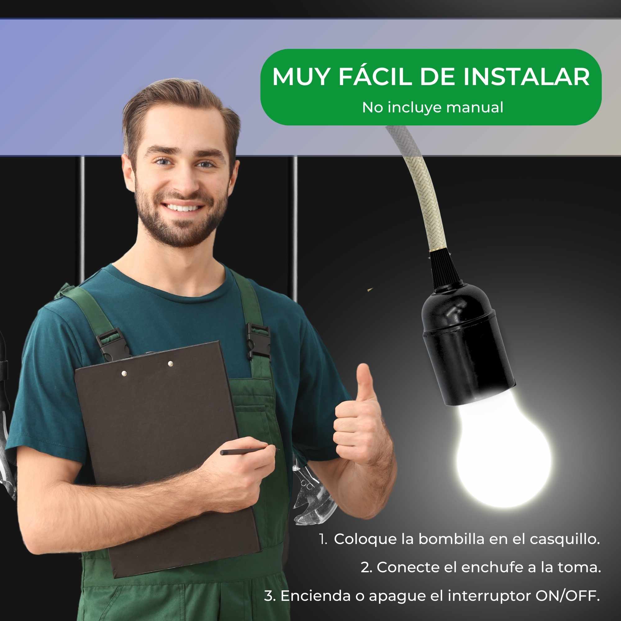 Cable alimentacion trenzado portalampara E27 interruptor 1.5 Metros Beige - imagen 4