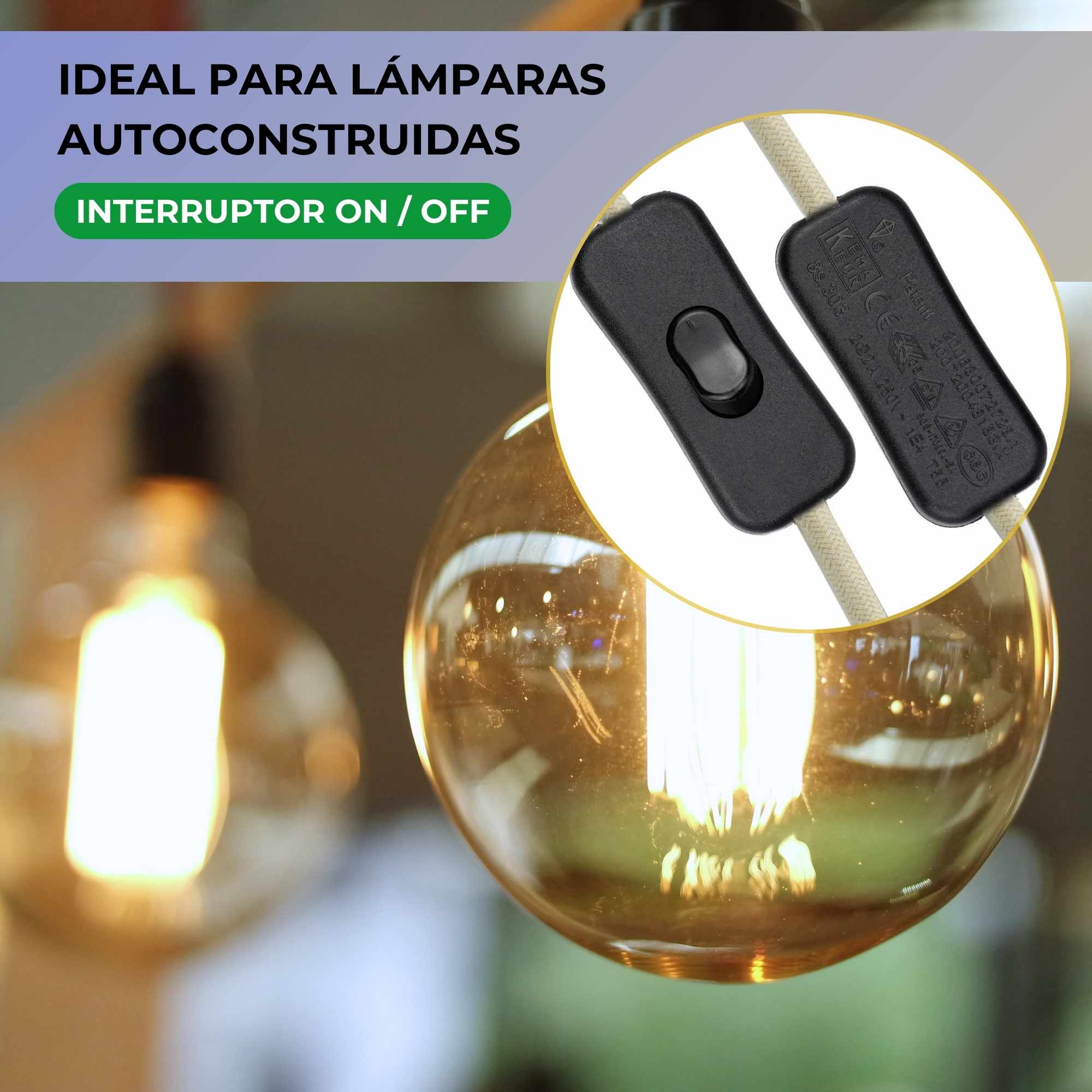 Cable alimentacion trenzado portalampara E27 interruptor 1.5 Metros Beige - imagen 6