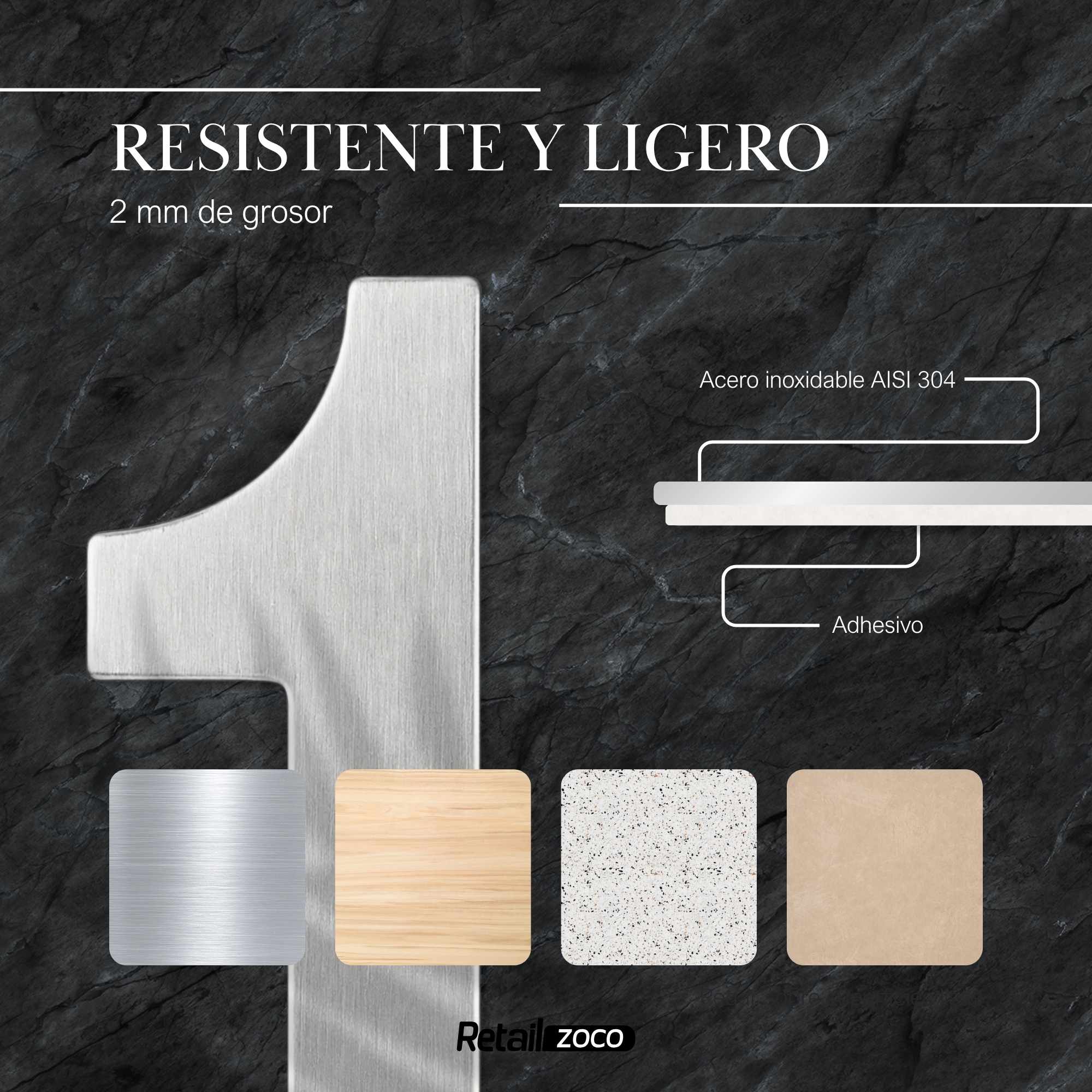 Numero 1 adhesivo en acero inoxidable 7.5 cm plateado - imagen 2
