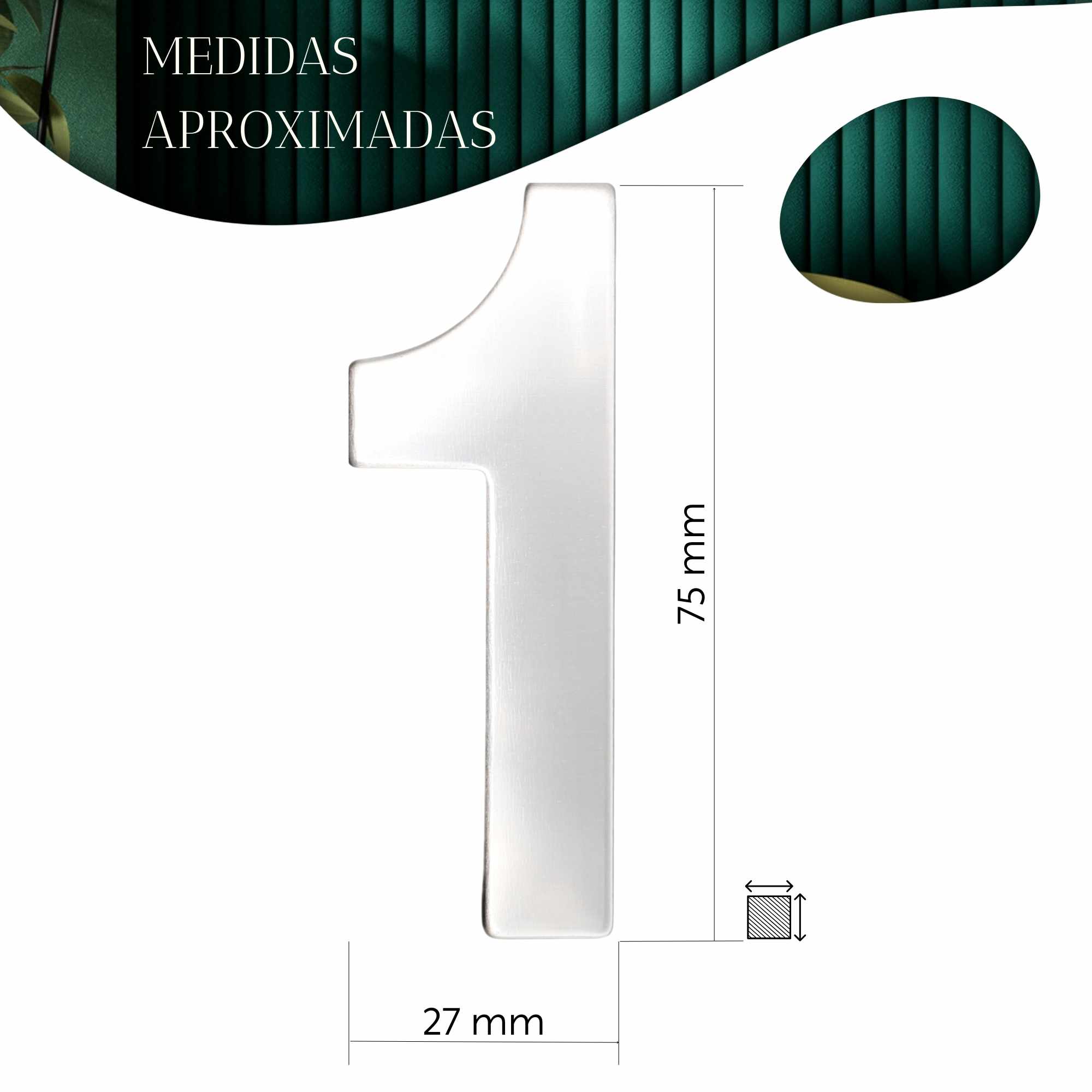 Numero 1 adhesivo en acero inoxidable 7.5 cm plateado - imagen 3