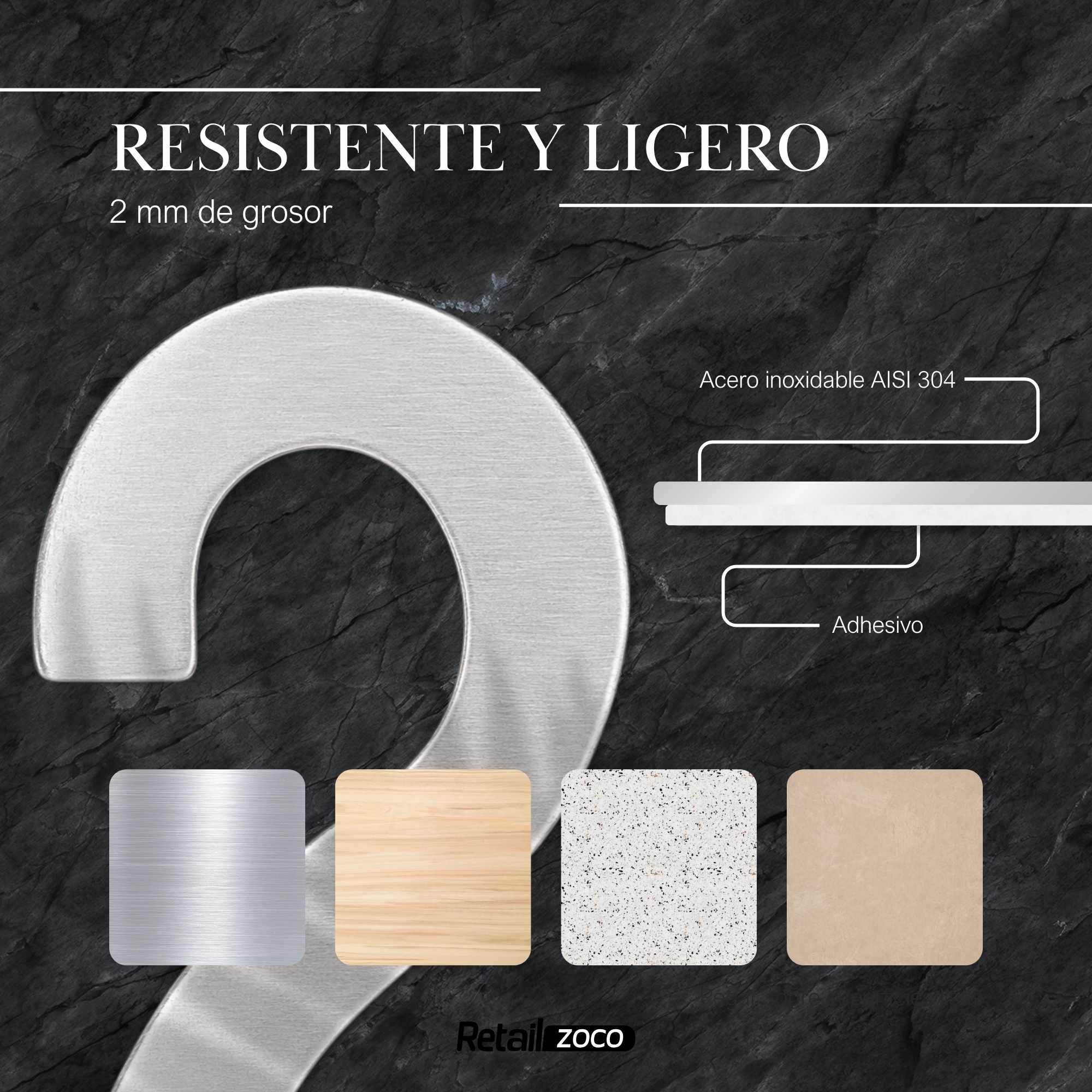 Numero 2 adhesivo en acero inoxidable 7.5 cm plateado - imagen 2