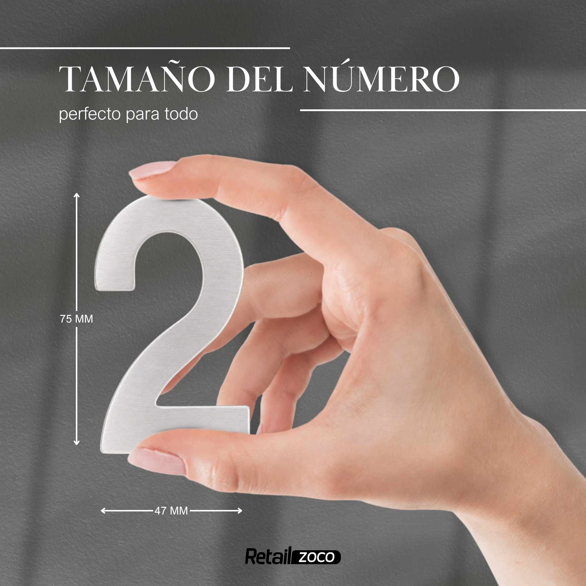 Numero 2 adhesivo en acero inoxidable 7.5 cm plateado - imagen 3