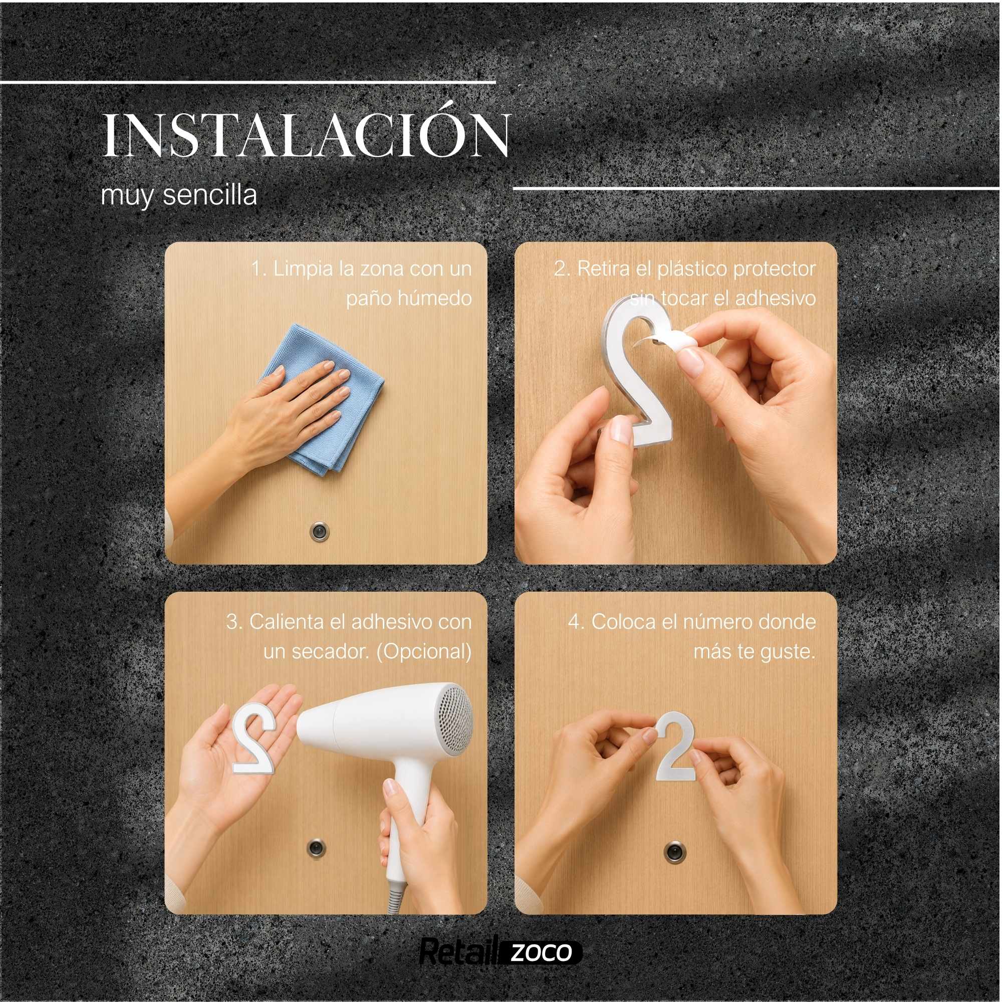 Numero 2 adhesivo en acero inoxidable 7.5 cm plateado - imagen 4