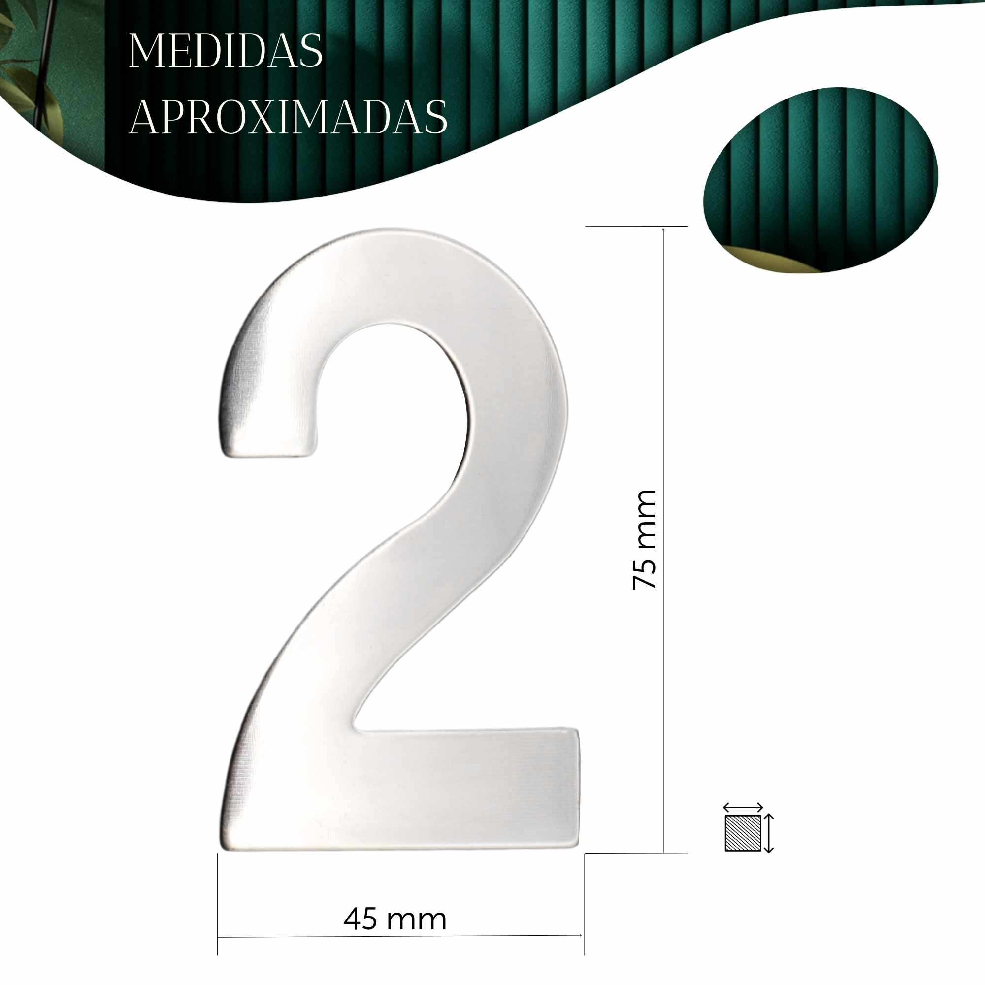 Numero 2 adhesivo en acero inoxidable 7.5 cm plateado - imagen 3