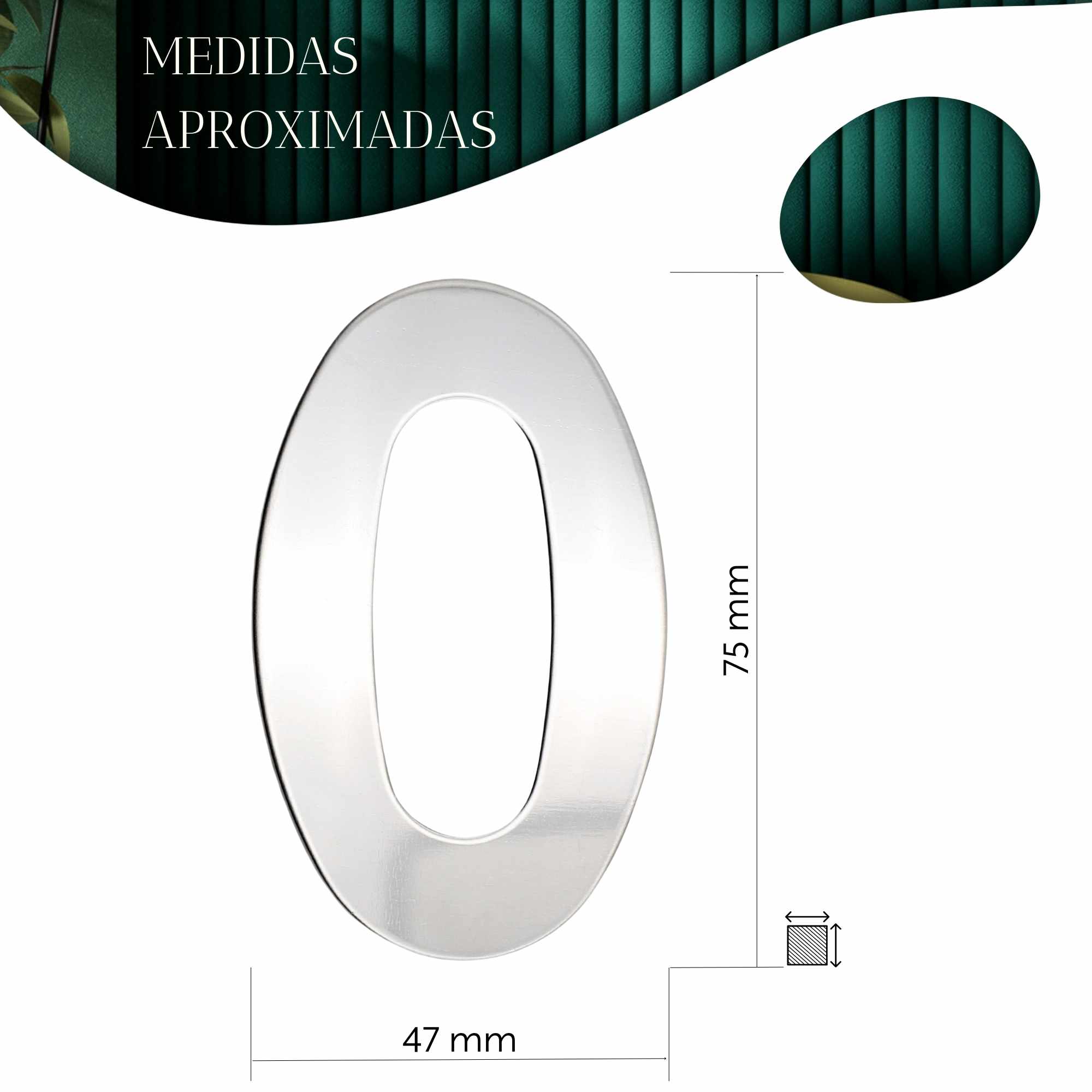 Numero 0 adhesivo en acero inoxidable 7.5 cm plateado - imagen 4