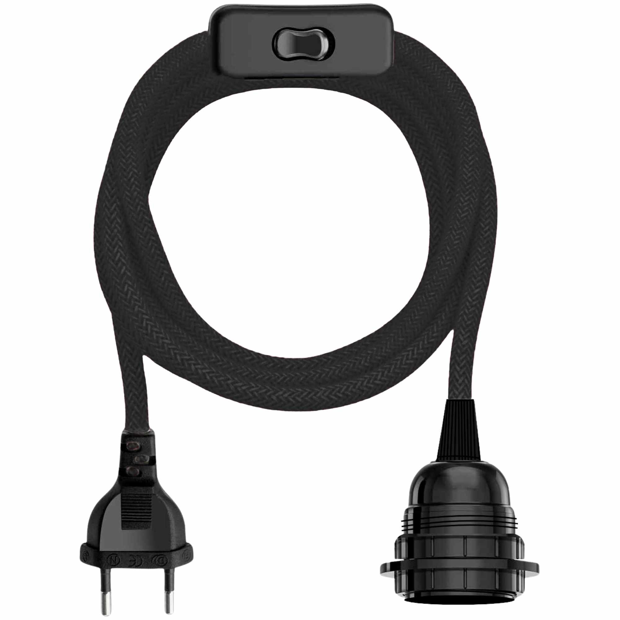 Cable alimentacion trenzado portalampara E27 con interruptor 2 Metros Negro
