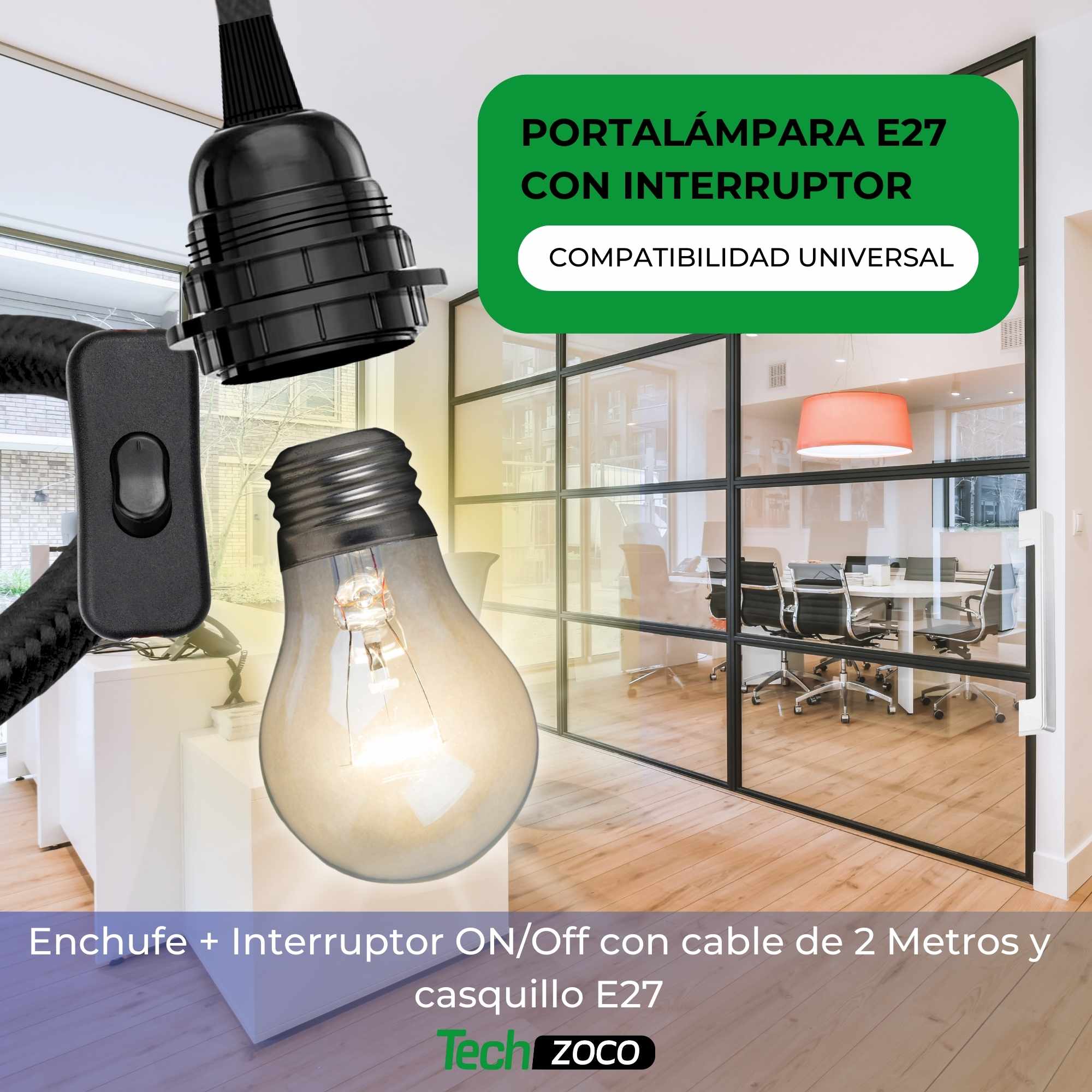 Cable alimentacion trenzado portalampara E27 con interruptor 2 Metros Negro - imagen 2