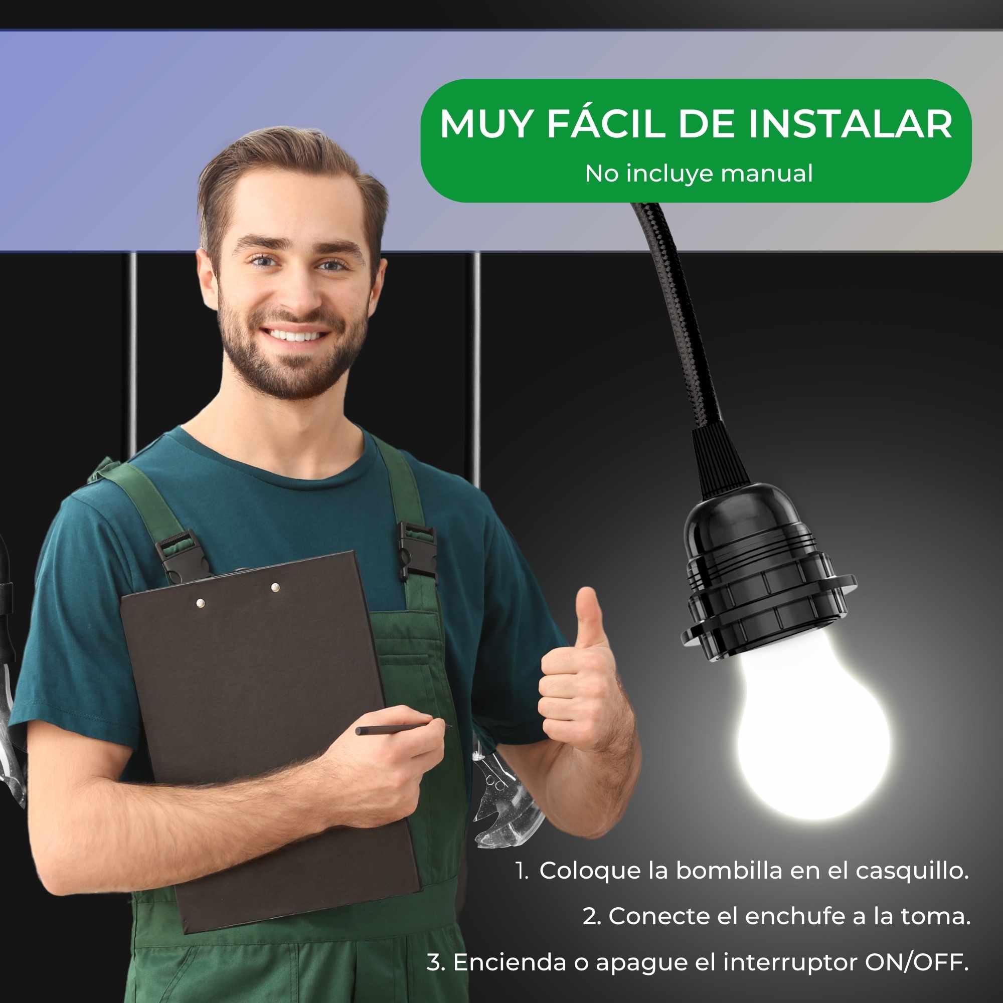 Cable alimentacion trenzado portalampara E27 con interruptor 2 Metros Negro - imagen 4