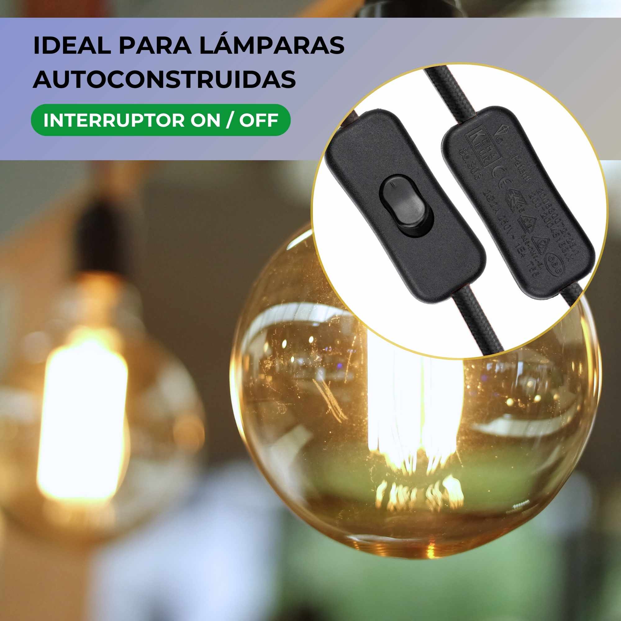 Cable alimentacion trenzado portalampara E27 con interruptor 2 Metros Negro - imagen 5