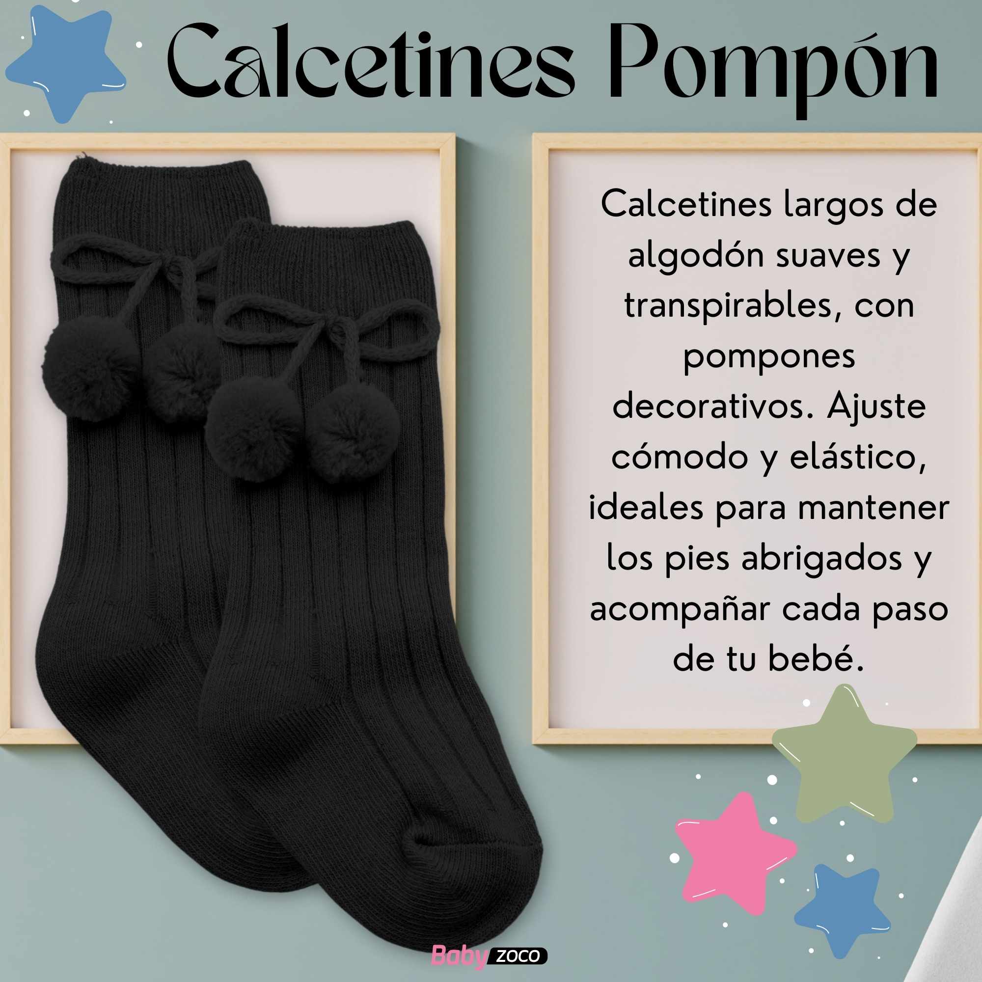 Calcetines Largos de Algodón Con Pompon para bebe 3 a 12 meses Negro - imagen 2
