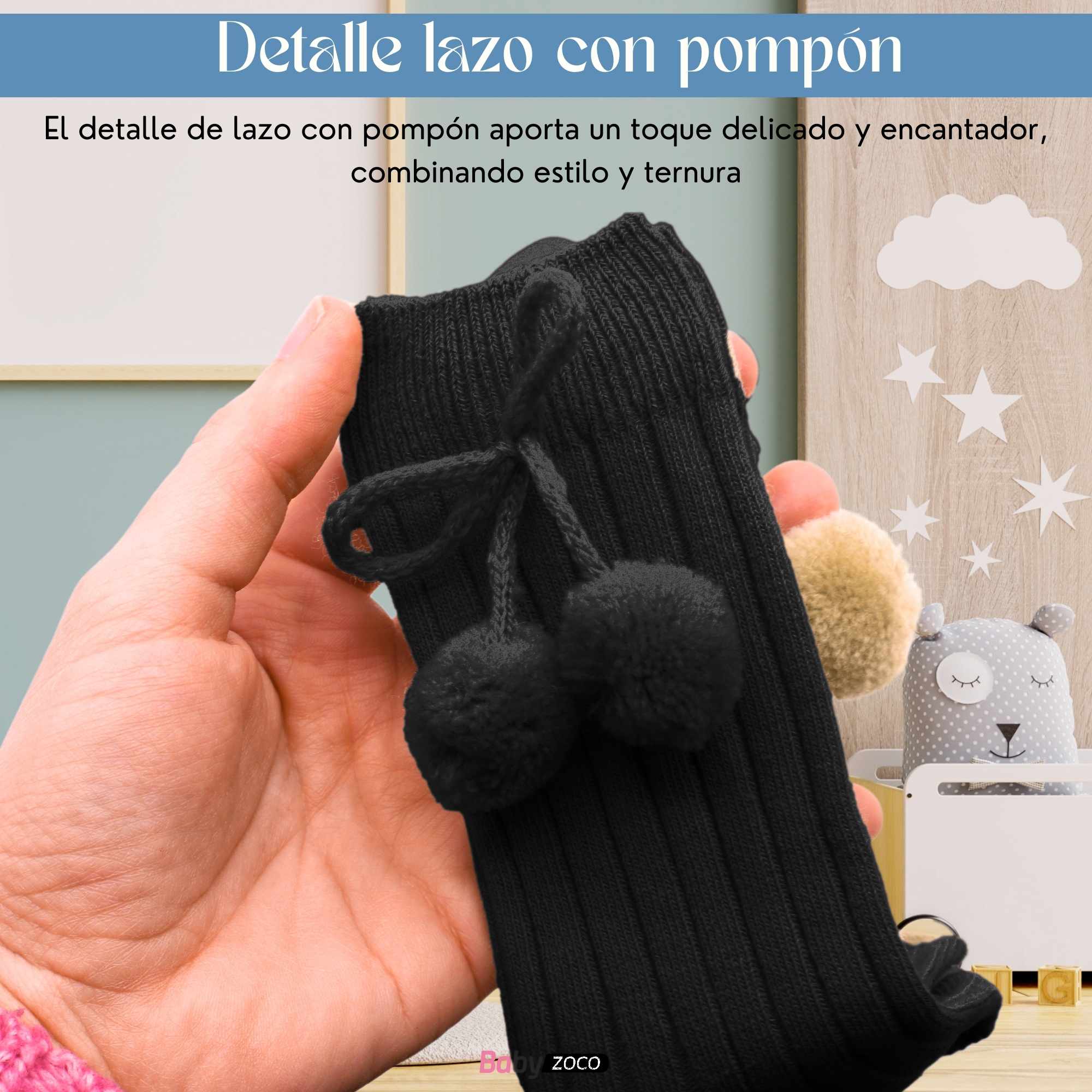 Calcetines Largos de Algodón Con Pompon para bebe 3 a 12 meses Negro - imagen 4