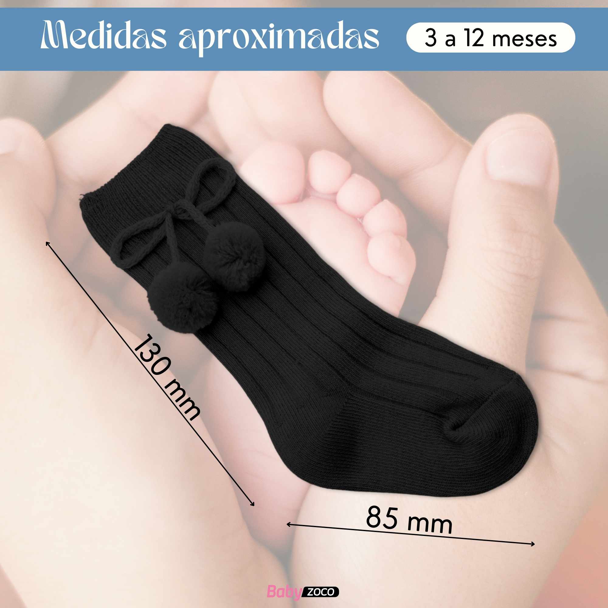 Calcetines Largos de Algodón Con Pompon para bebe 3 a 12 meses Negro - imagen 6
