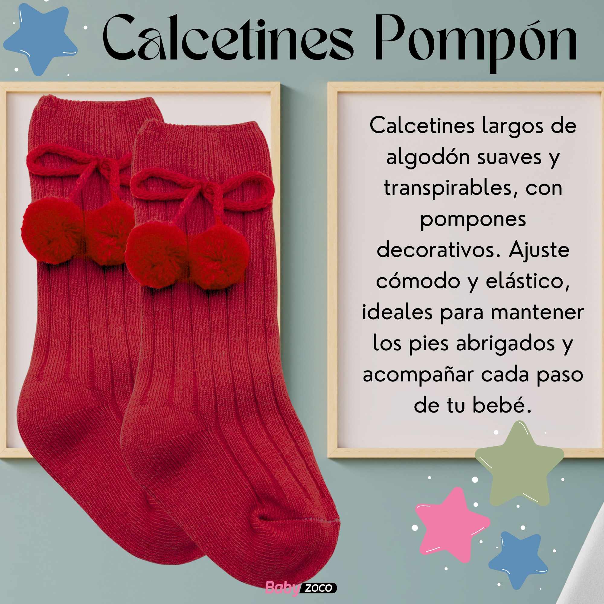 Calcetines Largos de Algodón Con Pompon para bebe 1 a 2 años Rojo - imagen 2
