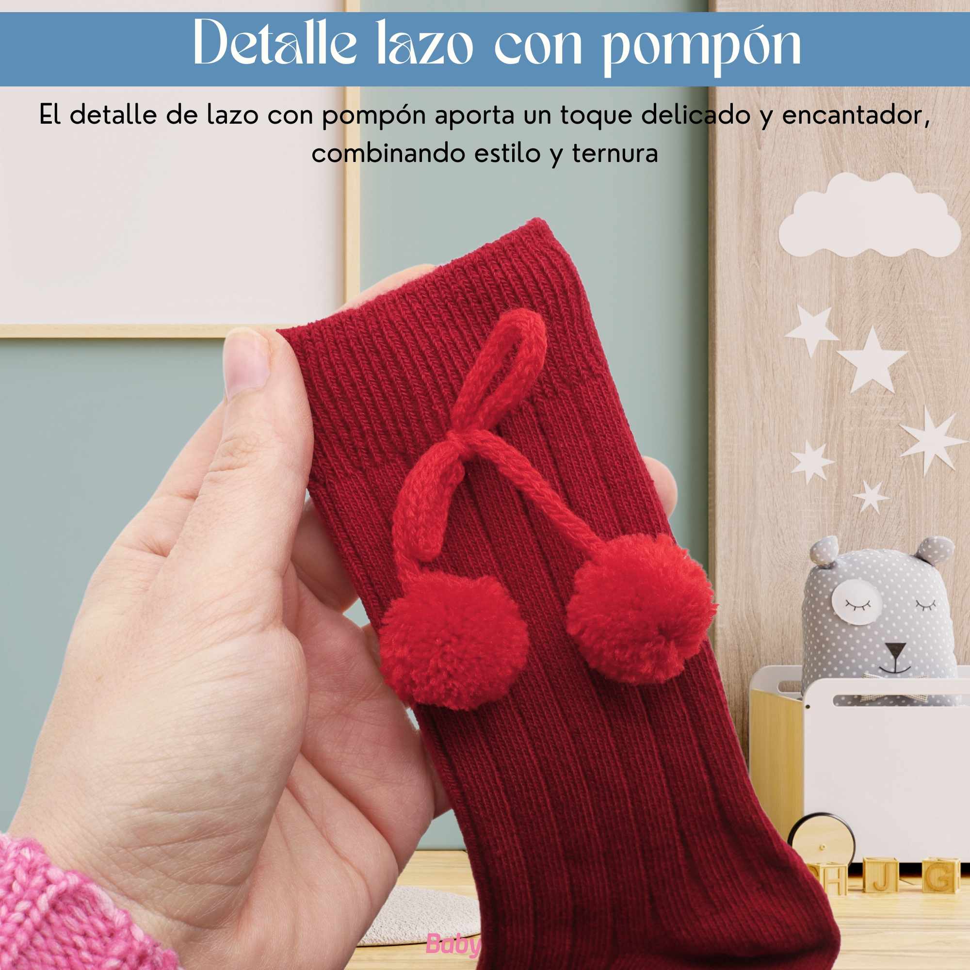 Calcetines Largos de Algodón Con Pompon para bebe 1 a 2 años Rojo - imagen 3