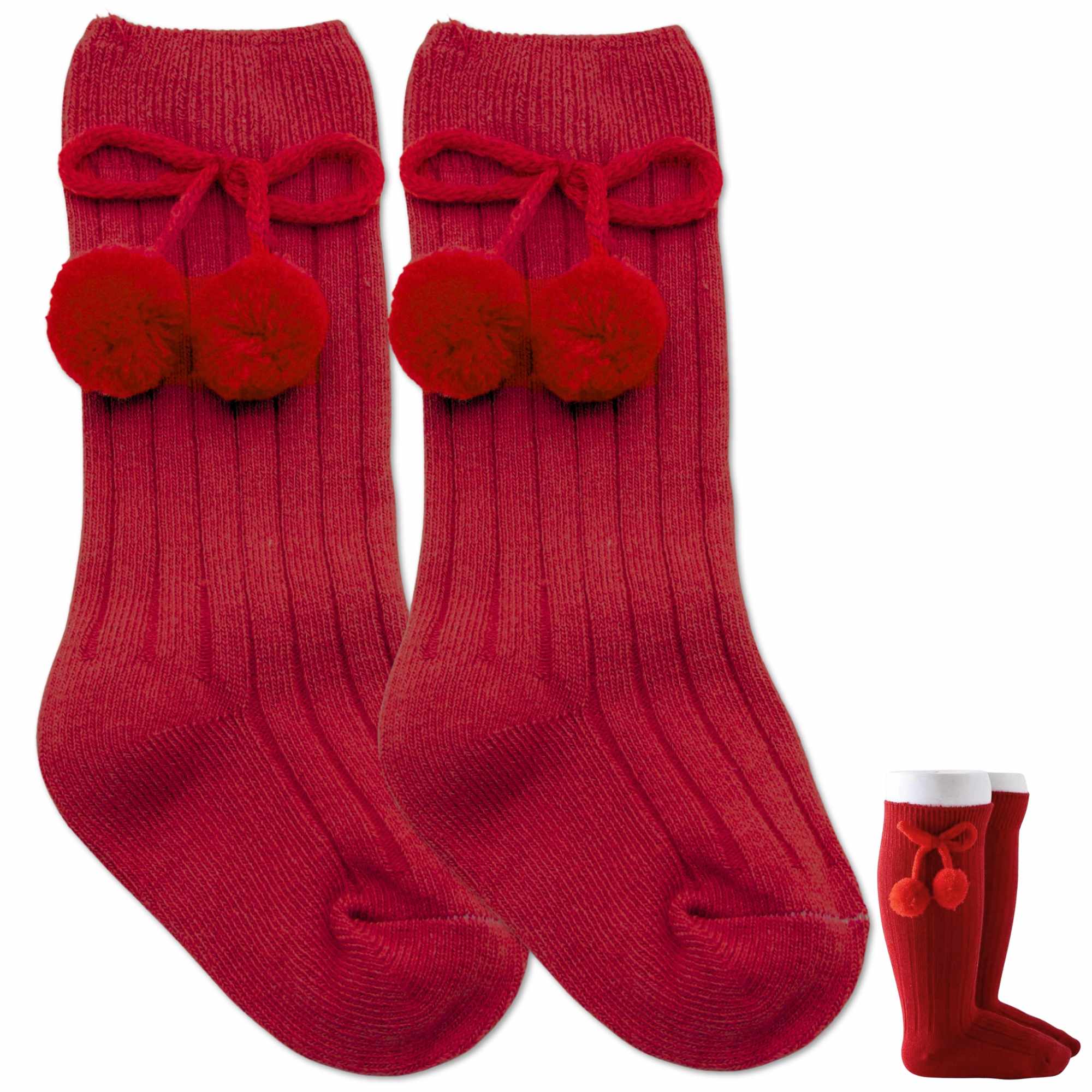 Calcetines Largos de Algodón Con Pompon para bebe 1 a 2 años Rojo - imagen 1