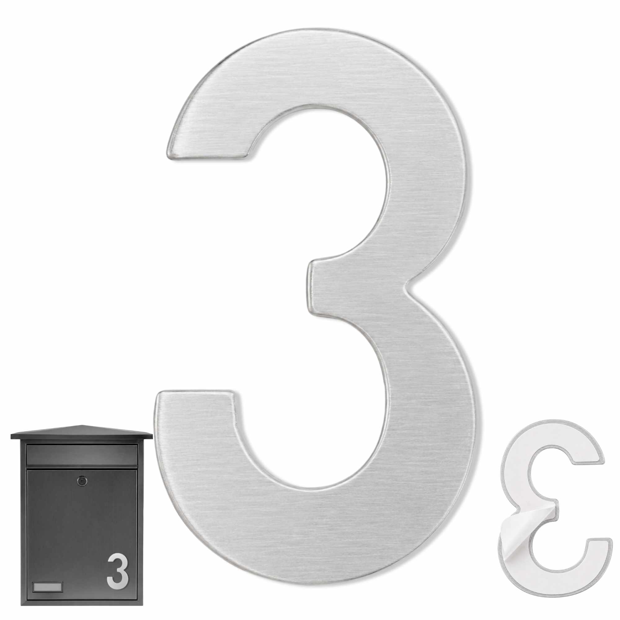 Numero 3 adhesivo en acero inoxidable 7.5 cm plateado - imagen 1