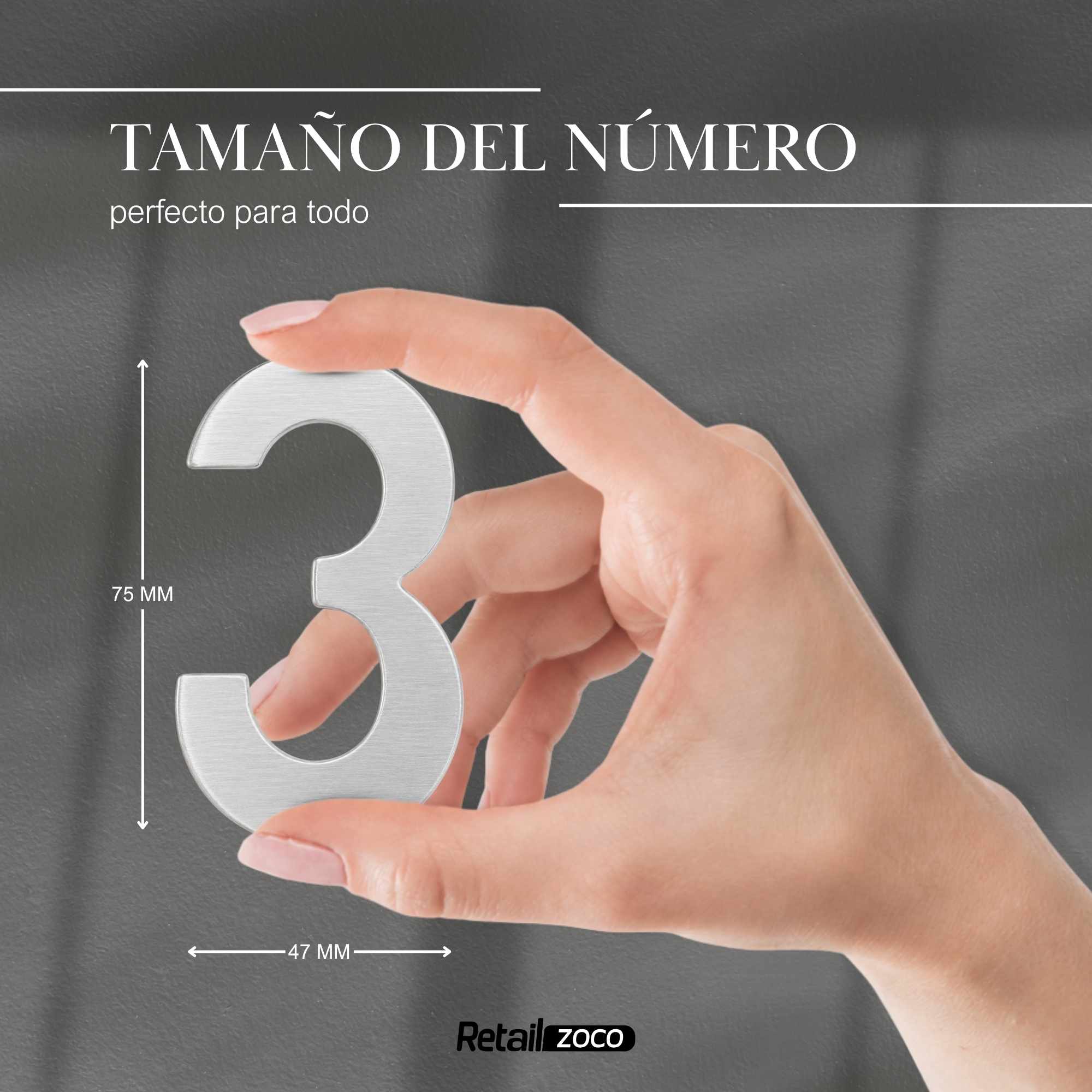Numero 3 adhesivo en acero inoxidable 7.5 cm plateado - imagen 3