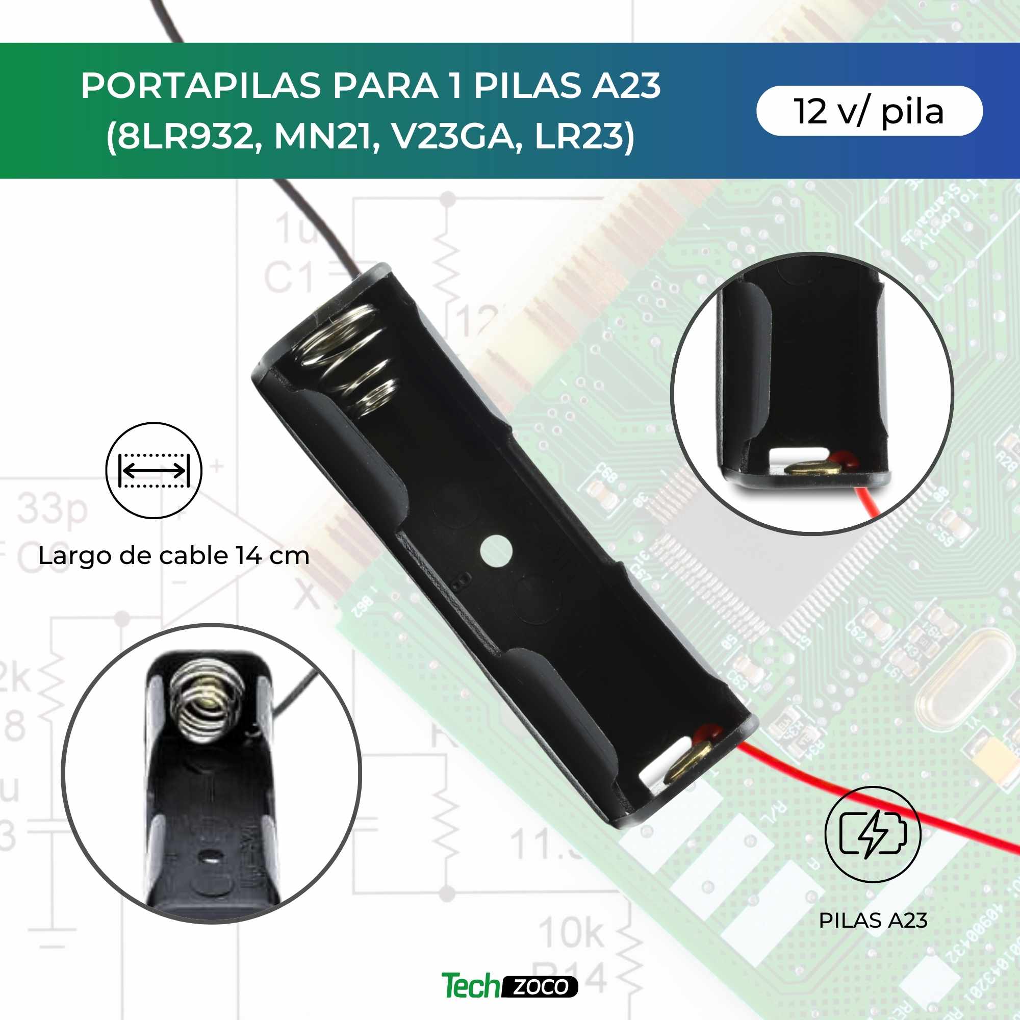 Portapilas para 1 Pila A23 8LR932 MN21 V23GA LR23 de 12V Negro - imagen 2