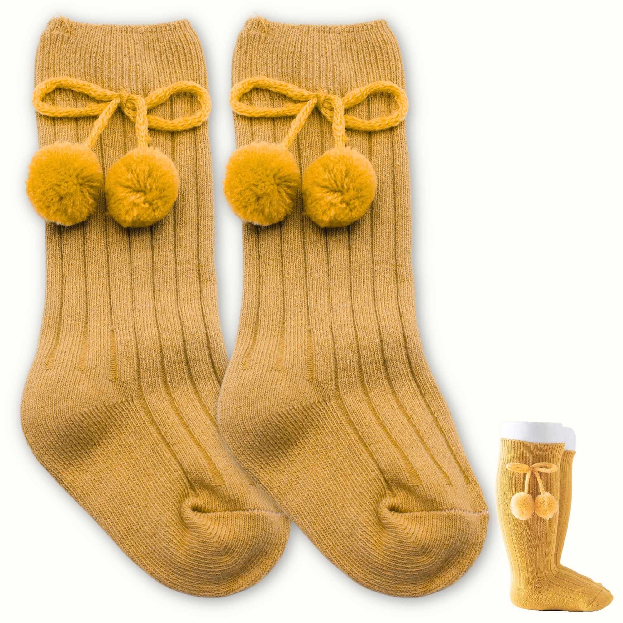 Calcetines Largos de Algodón Con Pompon para bebe 1 a 2 años Amarillo