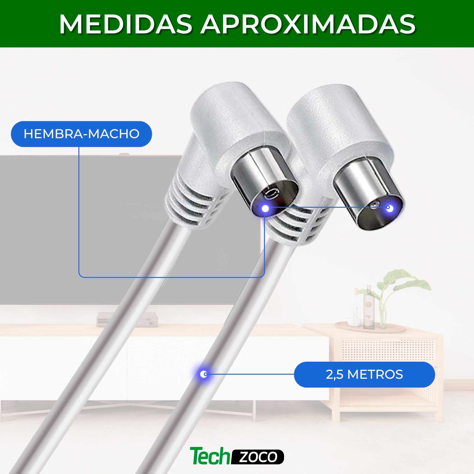 Cable antena de TV de 75 Ohm acodado 2.5 Metros Blanco - imagen 3