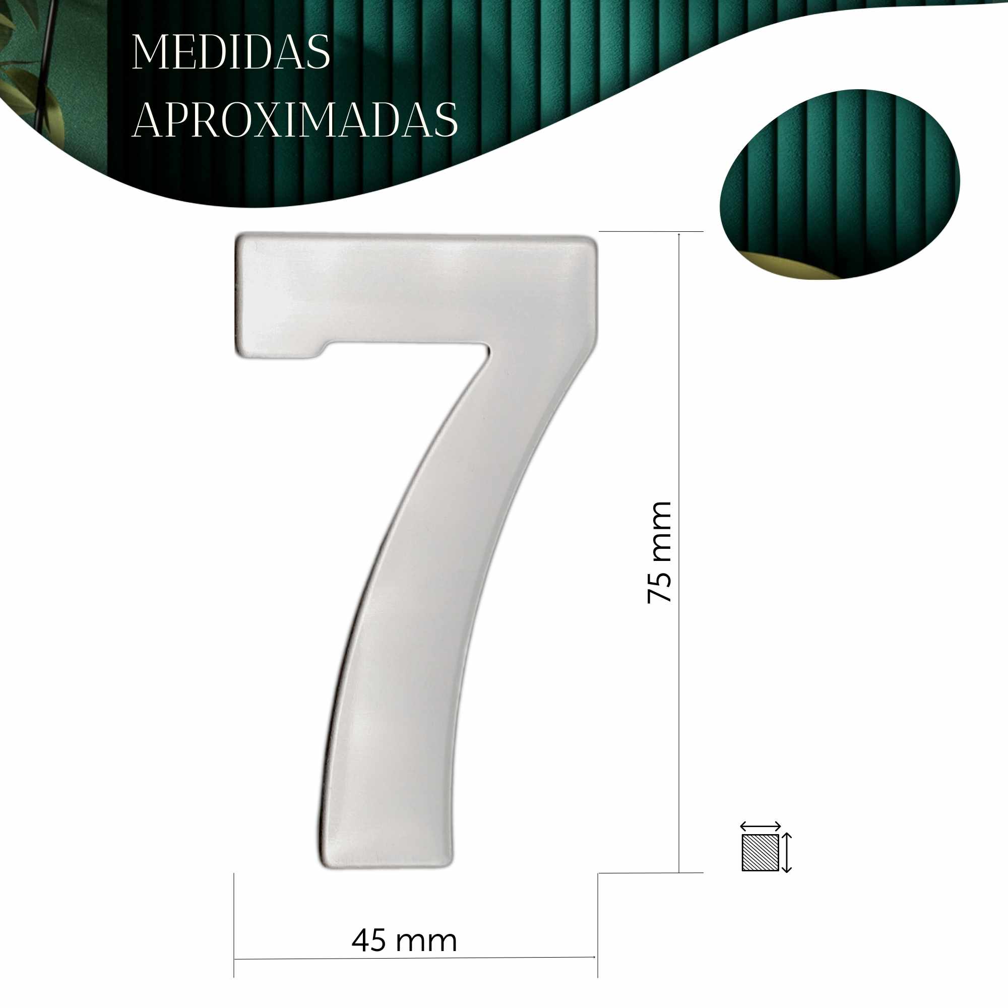 Numero 7 adhesivo en acero inoxidable 7.5 cm Plateado - imagen 3