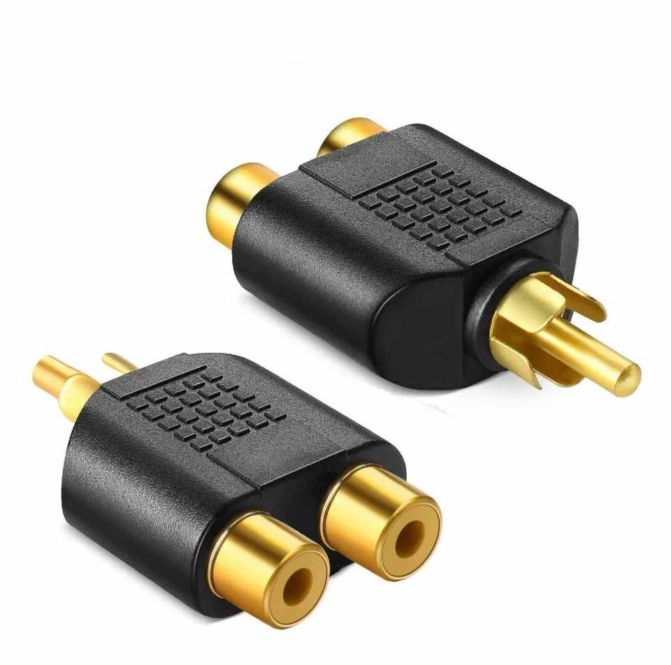 Adaptador audio mono 2x RCA hembra a RCA Macho dorado