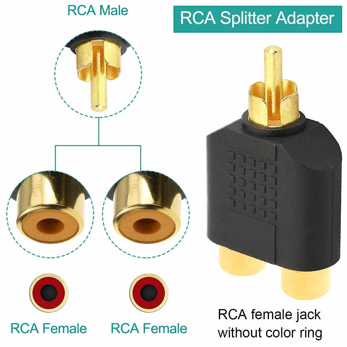 Adaptador audio mono 2x RCA hembra a RCA Macho dorado - imagen 6