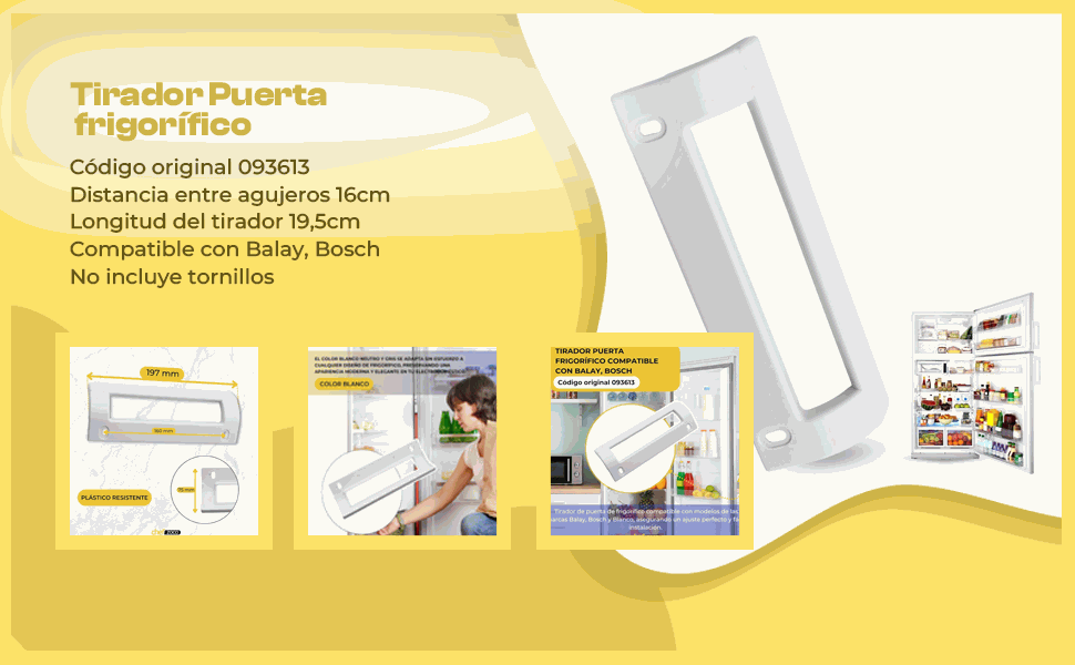 Banner - Tirador puerta Frigorifico Balay, Lynx, Bosch 19.6 cm Blanco