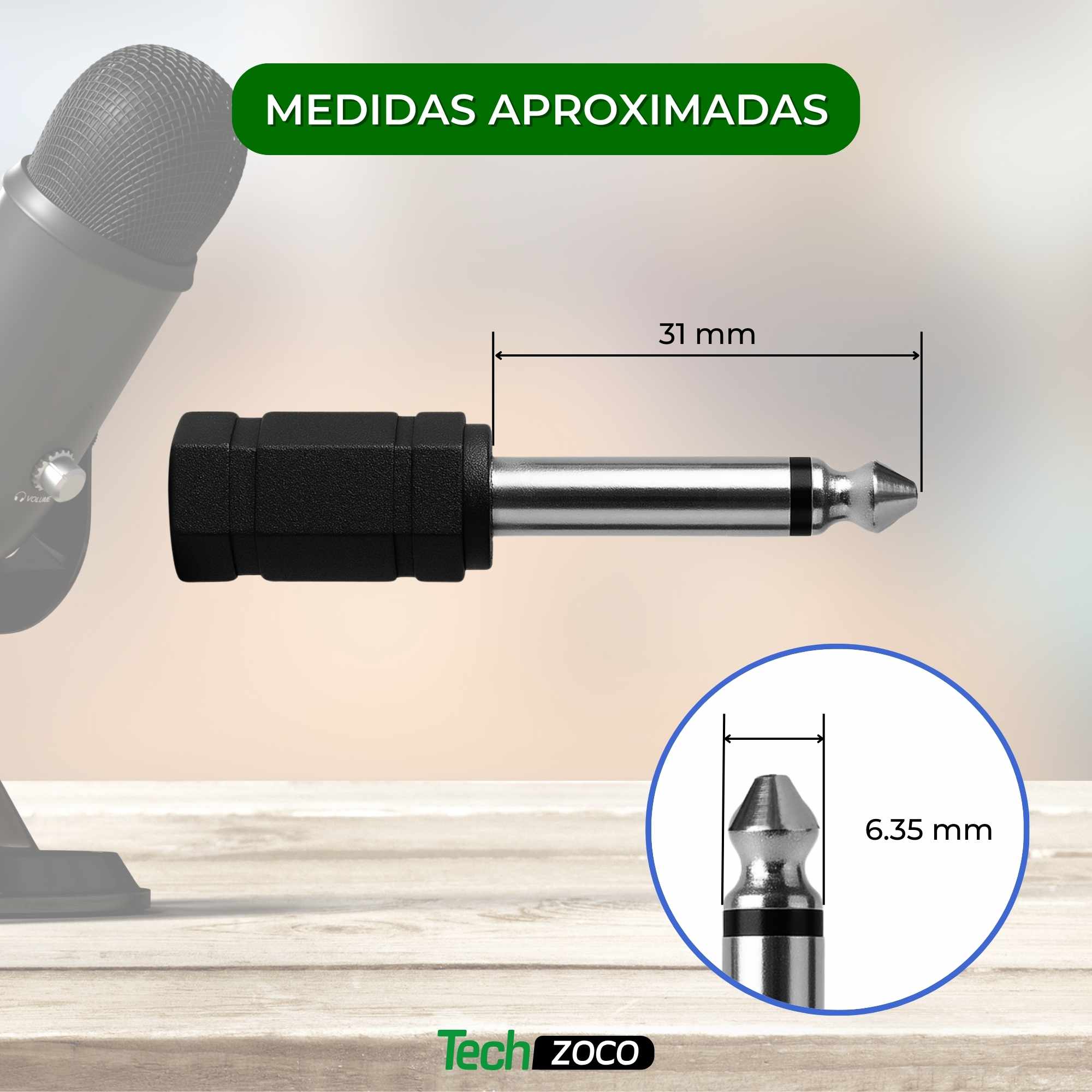 Adaptador audio mono jack 3.5 hembra a jack 6.35 macho Negro - imagen 6