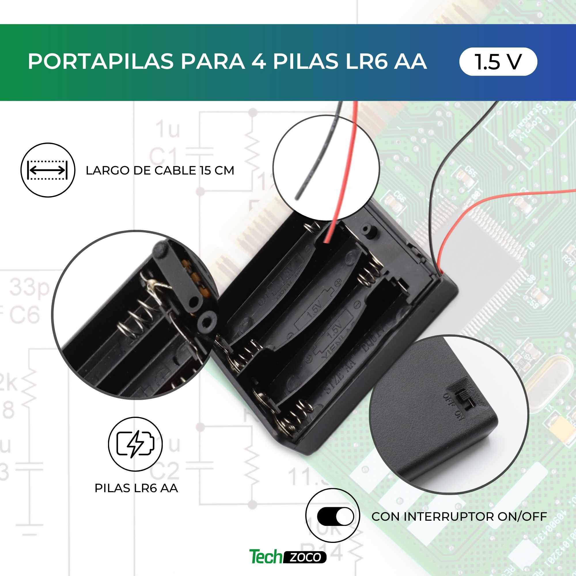Portapilas para 4 pilas LR6 AA con interruptor Negro - imagen 2