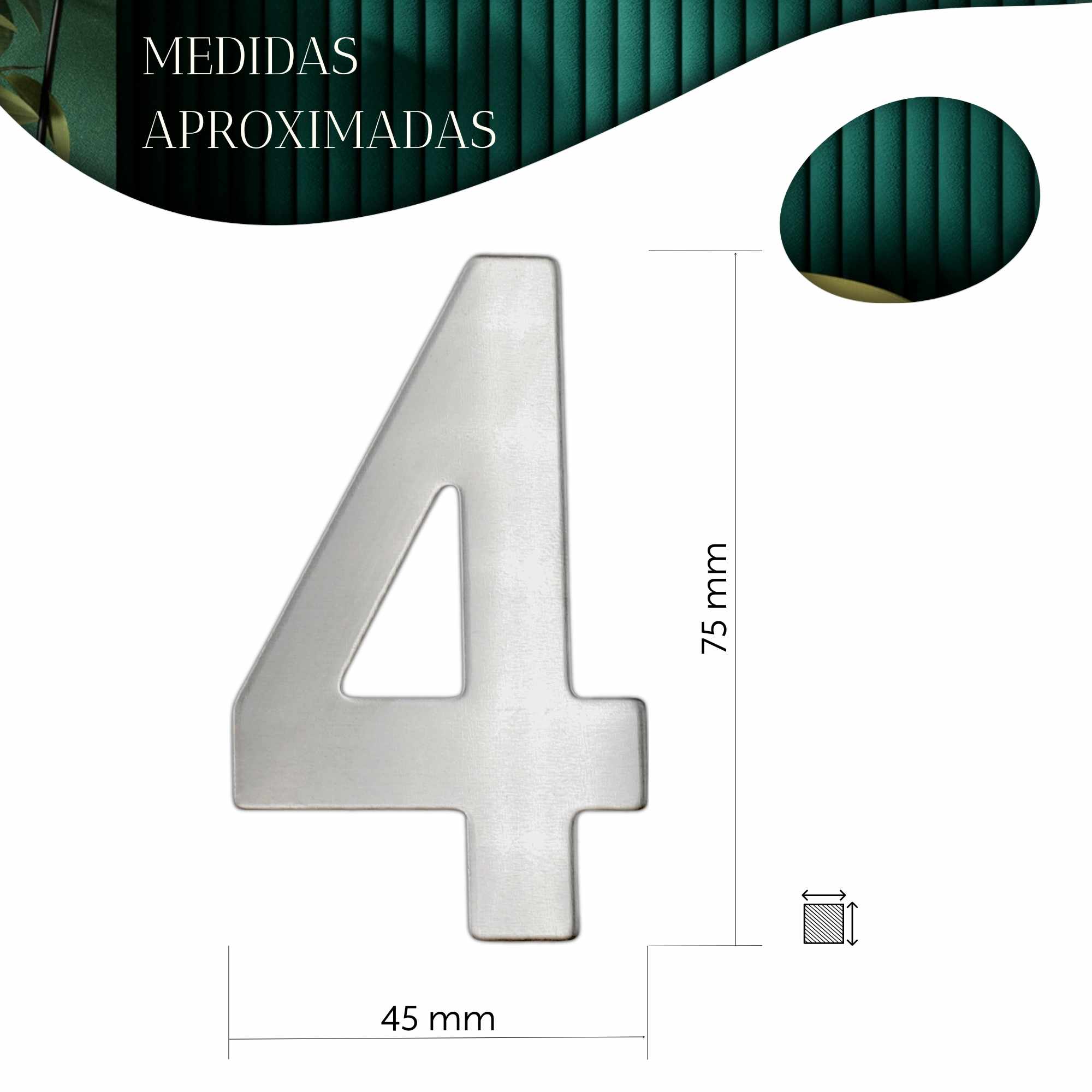 Numero 4 adhesivo en acero inoxidable 7.5 cm plateado - imagen 5