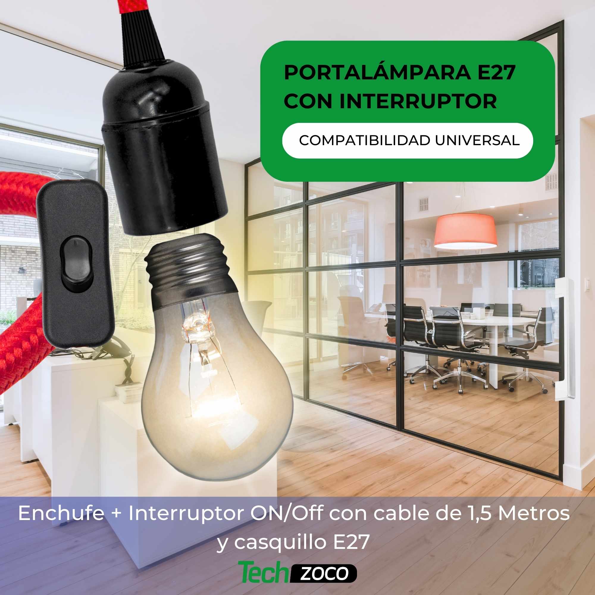 Cable alimentacion trenzado portalampara E27 interruptor 1.5 Metros Rojo - imagen 2
