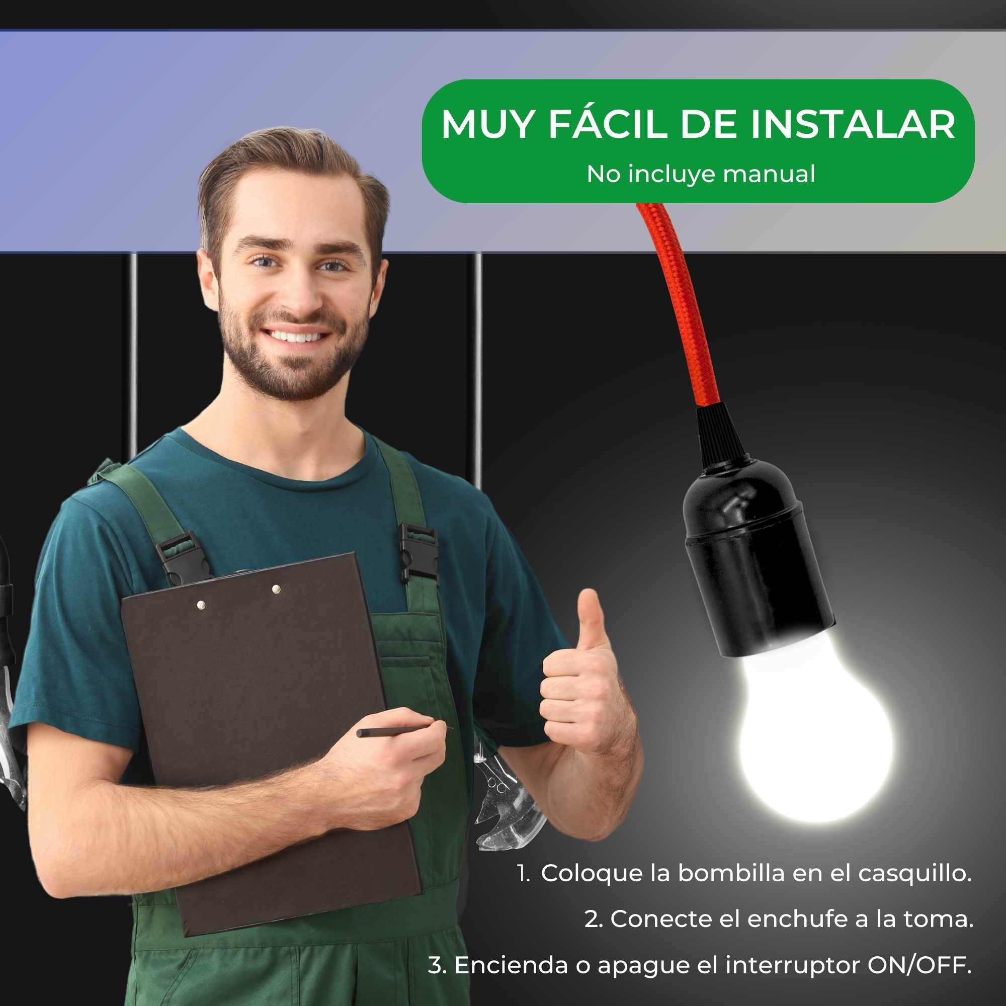 Cable alimentacion trenzado portalampara E27 interruptor 1.5 Metros Rojo - imagen 4