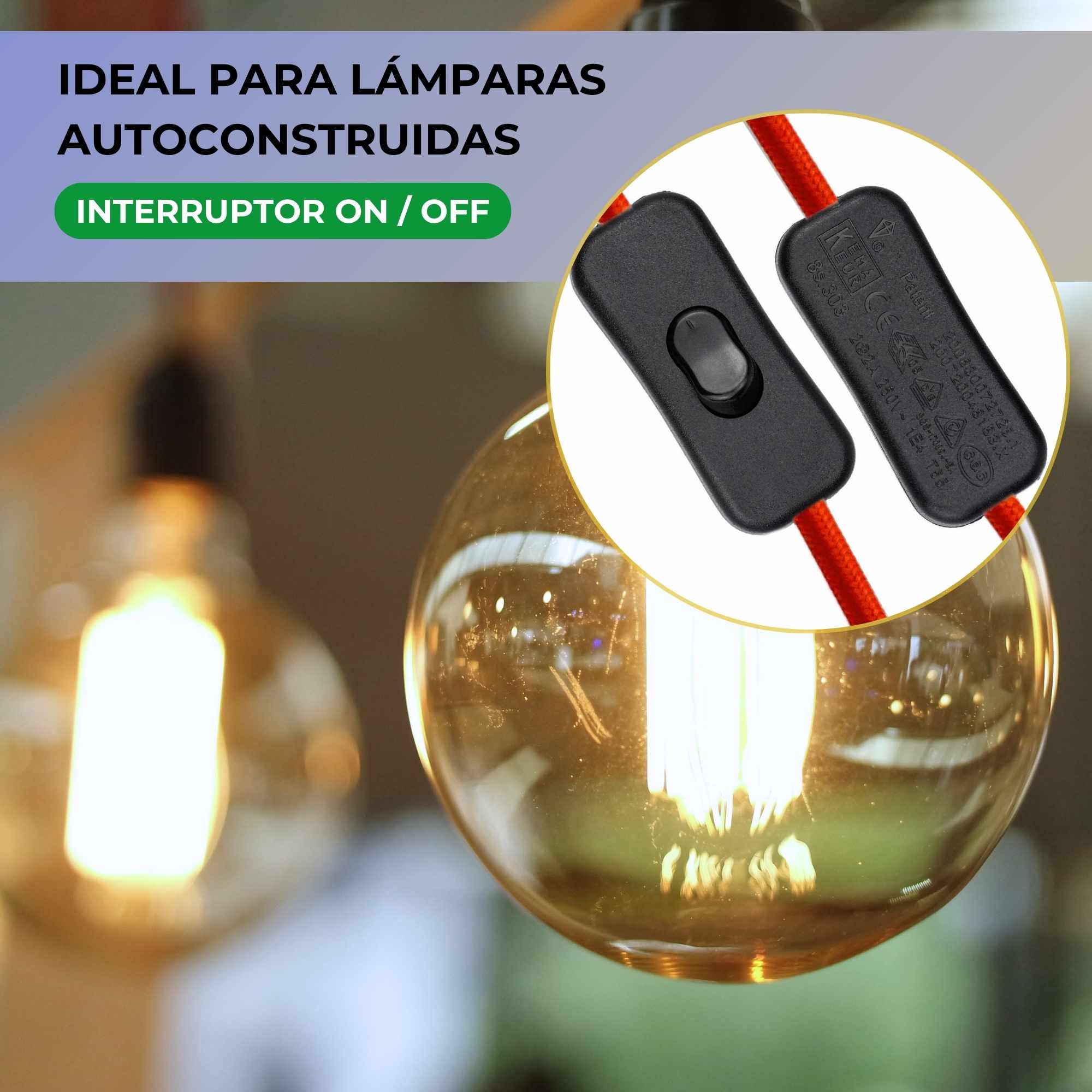 Cable alimentacion trenzado portalampara E27 interruptor 1.5 Metros Rojo - imagen 6