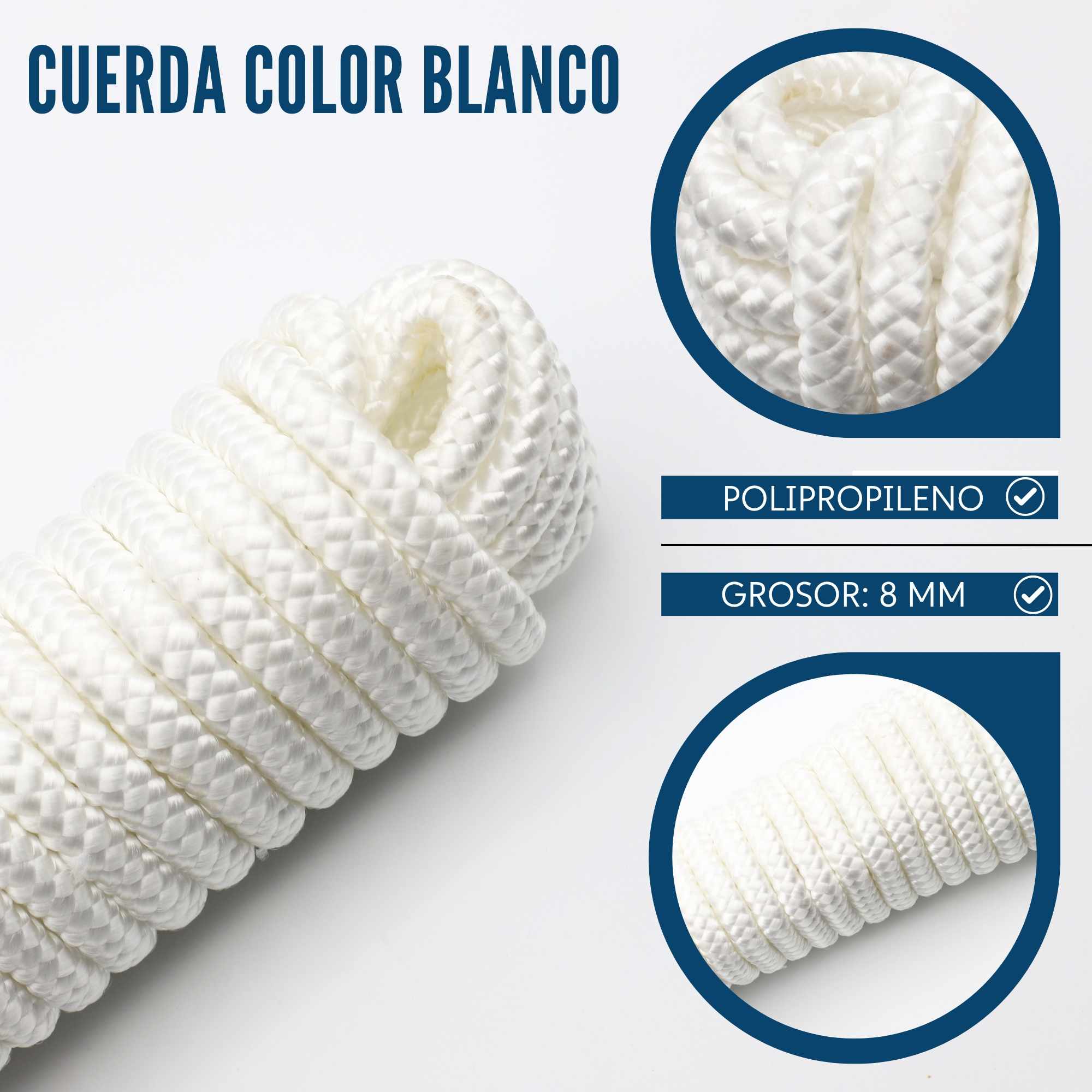 Cuerda de polipropileno trenzada 10 Metros 8 mm Blanco - imagen 4