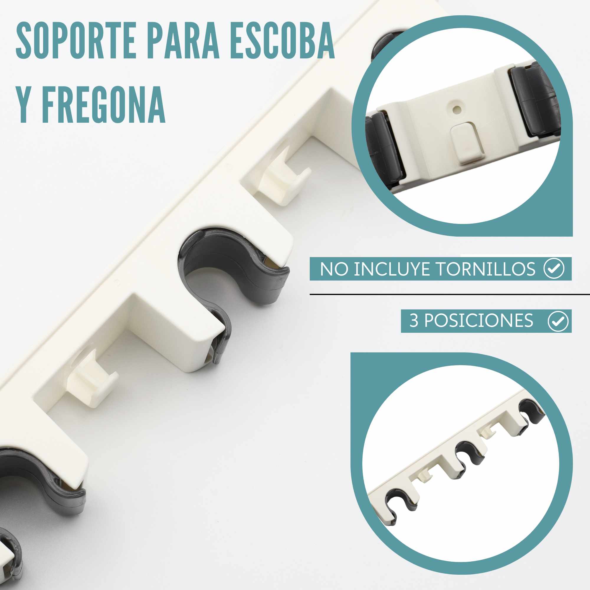 Soporte colgador fregonas y escobas de pared 3 posiciones Blanco - imagen 2