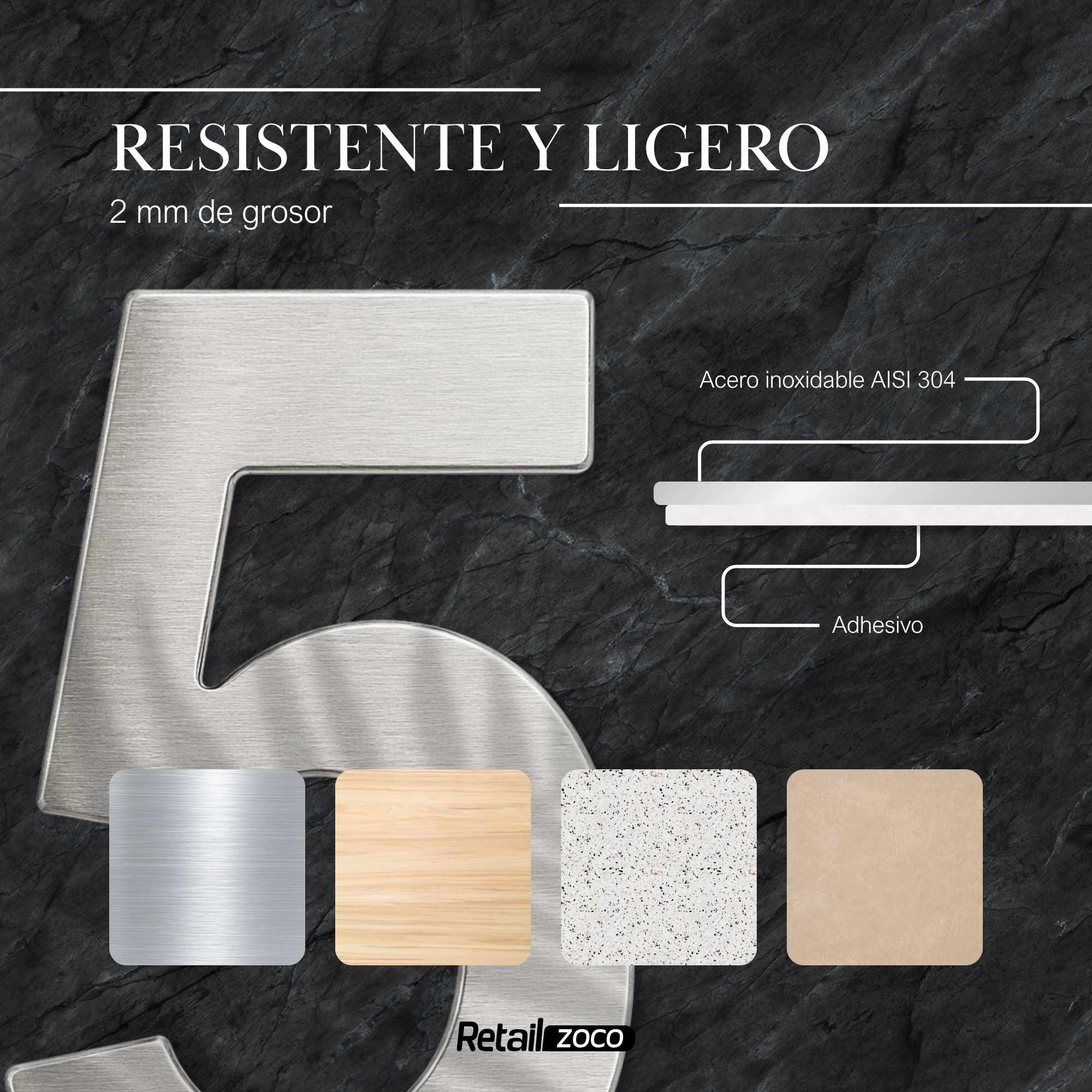Numero 5 adhesivo en acero inoxidable 7.5 cm Plateado - imagen 2