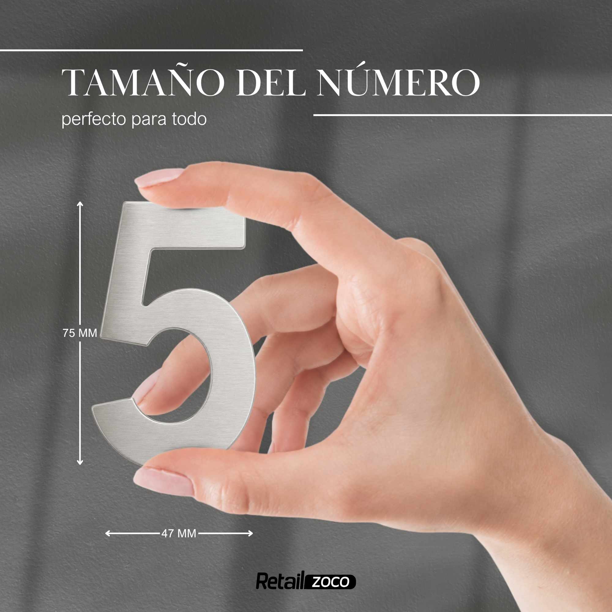 Numero 5 adhesivo en acero inoxidable 7.5 cm Plateado - imagen 3