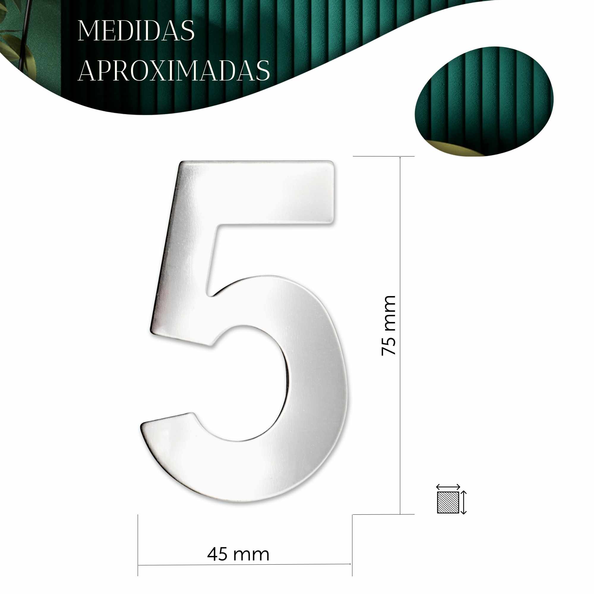 Numero 5 adhesivo en acero inoxidable 7.5 cm Plateado - imagen 4