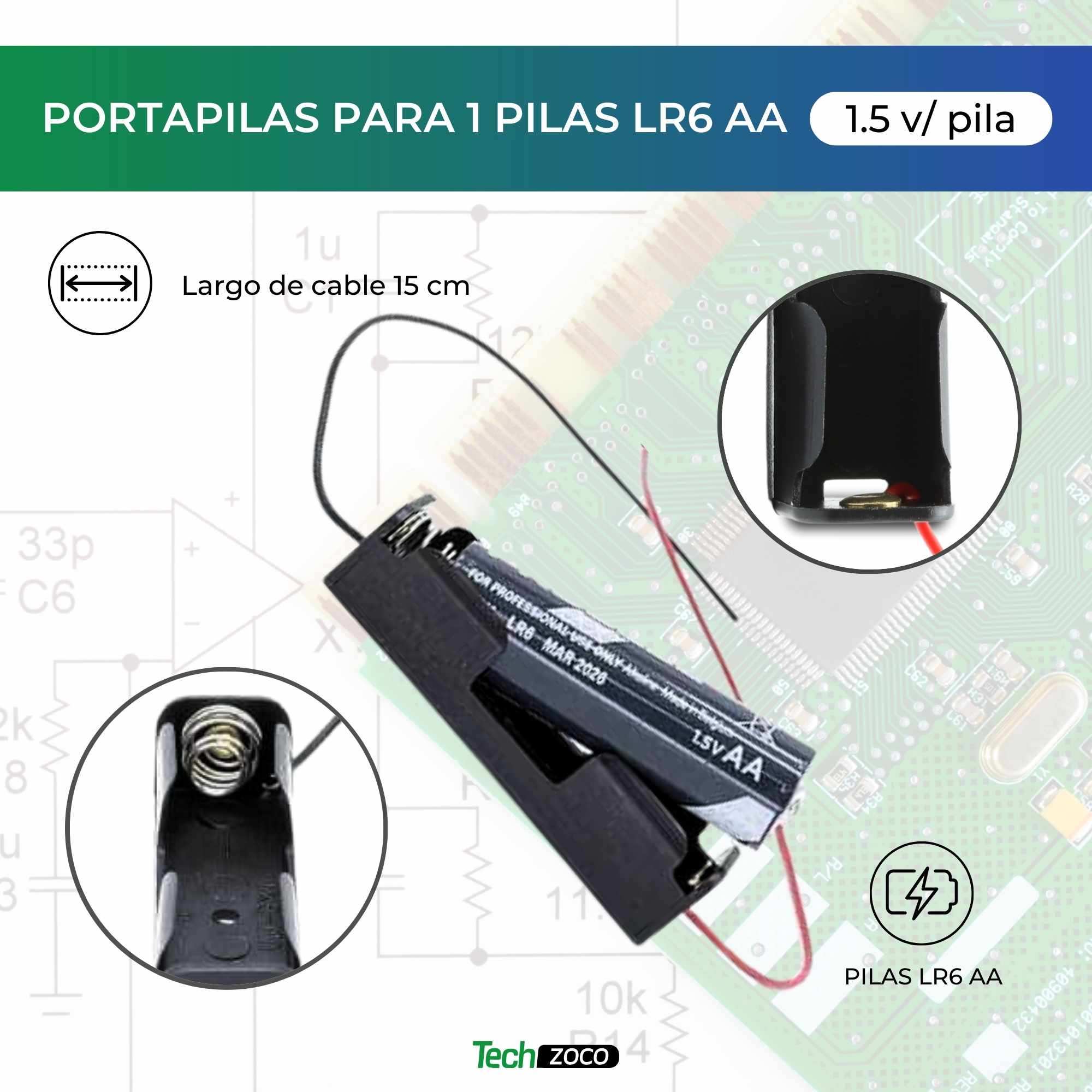 Portapilas plano para 1 pila LR6 AA Negro - imagen 2