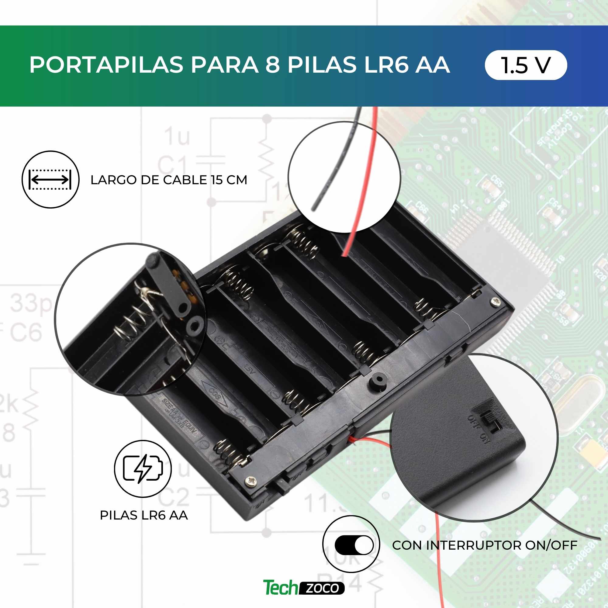 Portapilas para 8 pilas LR6 AA con interruptor - imagen 2