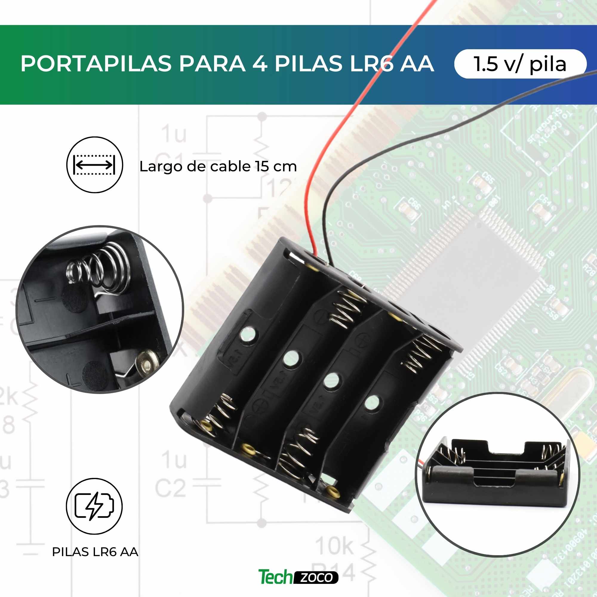 Portapilas para 4 pilas LR6 AA plano Negro - imagen 2