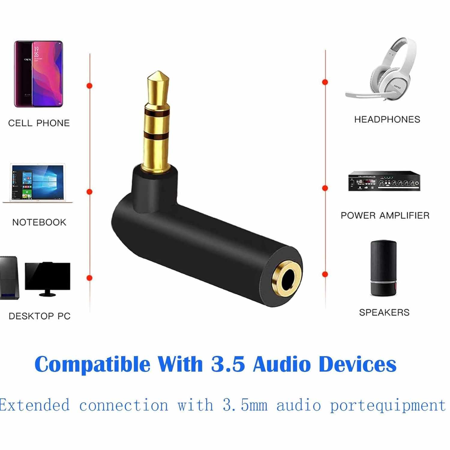 Adaptador audio estereo jack 3.5 mm acodado dorado Negro - imagen 4